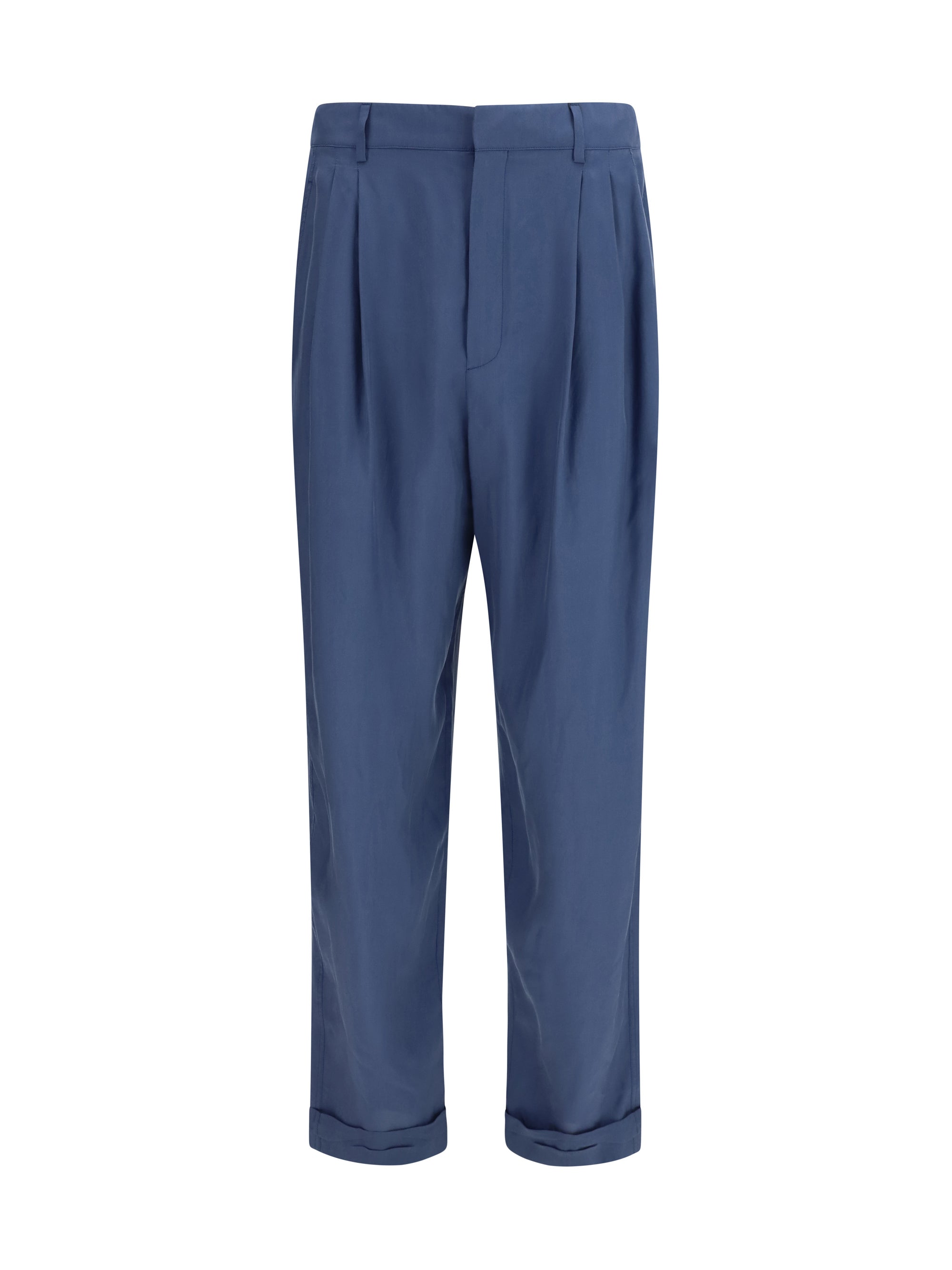 Saint Laurent Silk Carrot-Cut with Pleats Trousers — Blue