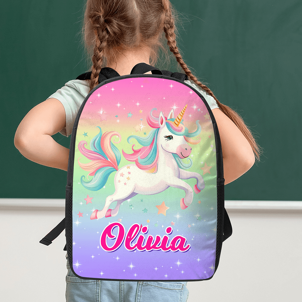 Mochila personalizada con nombre de unicornio de fantasía con cremallera doble y bolsillos laterales Regalo de cumpleaños de vuelta al cole para niños estudiantes