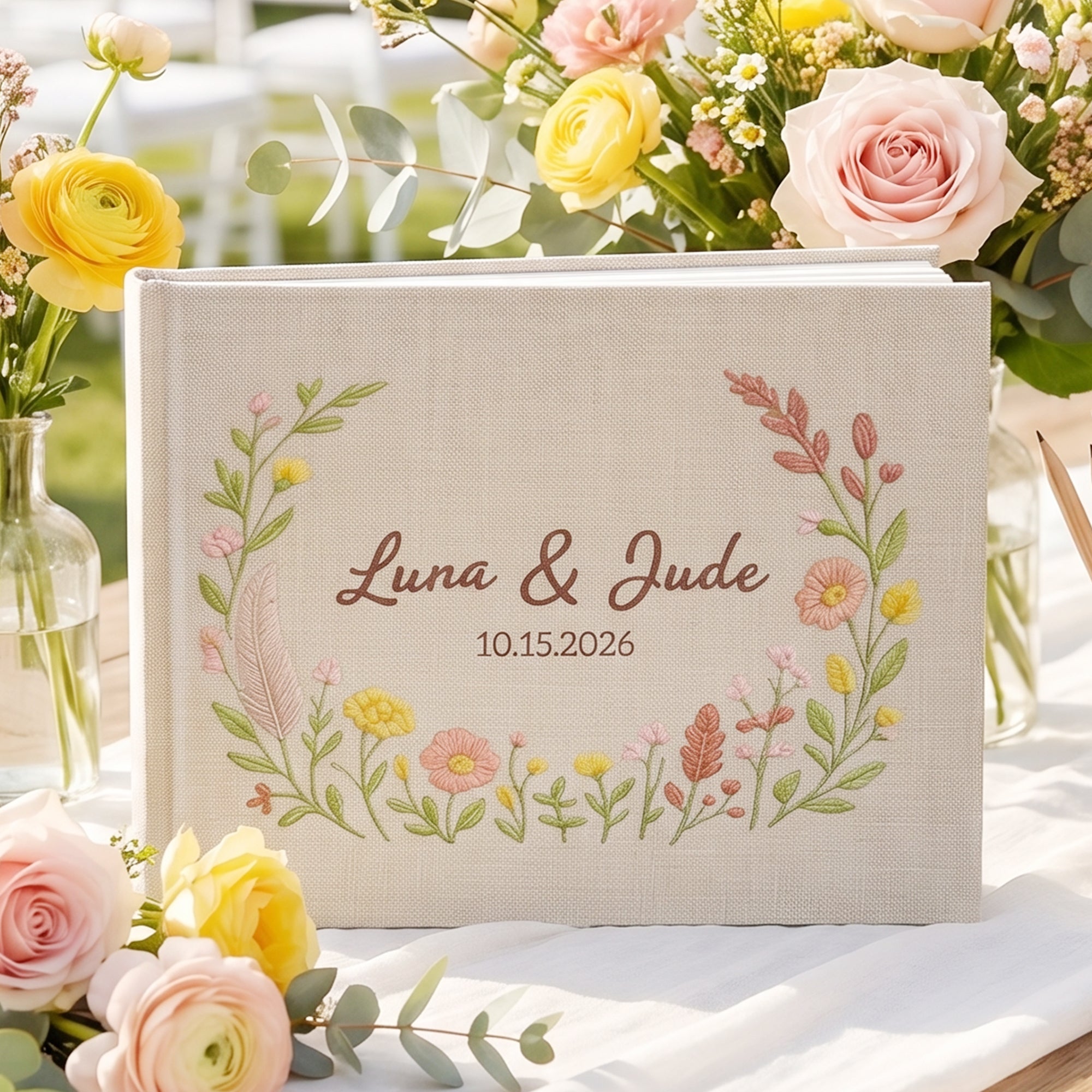 Libro de Invitados de Boda Personalizado con Corona Floral y Nombres y Fecha Regalo de Boda para Recién Casados