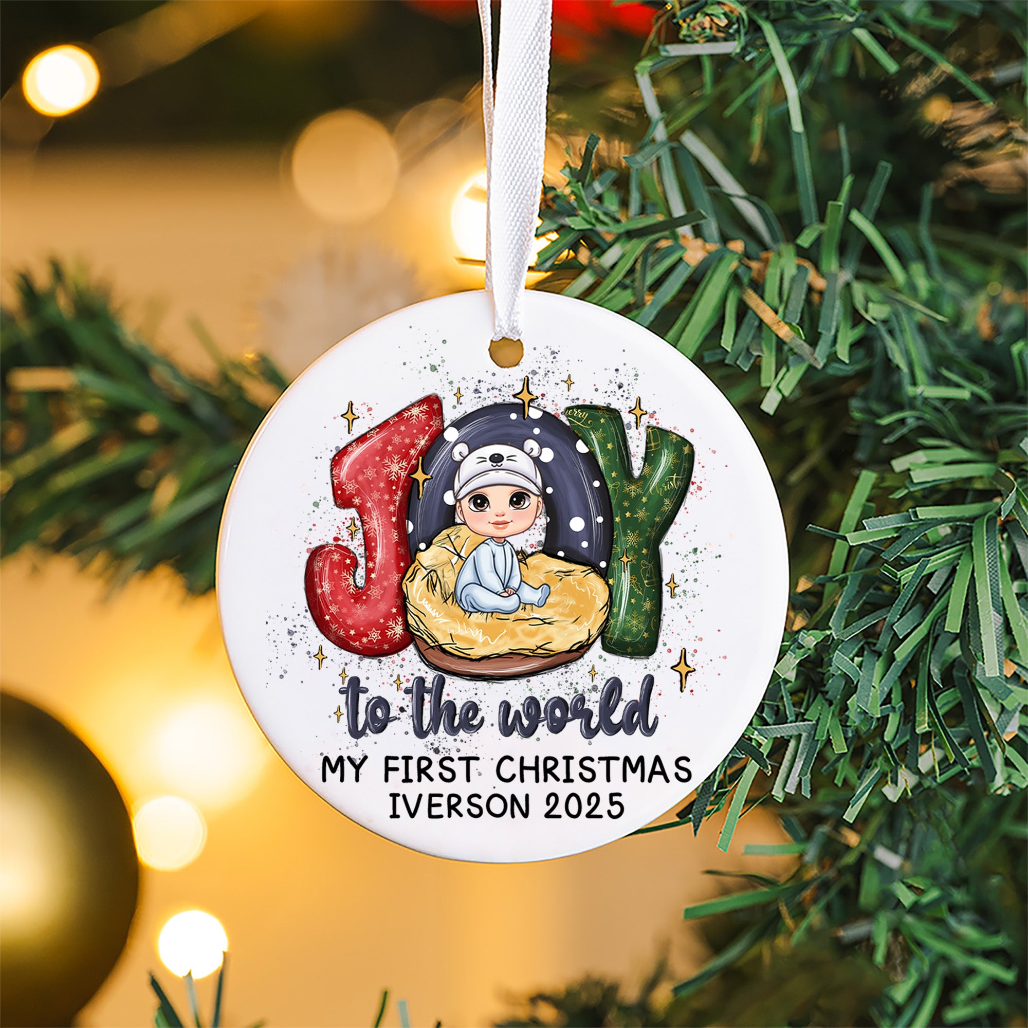 Personalizado Joy To The World Cartoon Character Cerámica Adorno de Navidad con texto Decoración del hogar Regalo de Navidad para los recién nacidos Familia