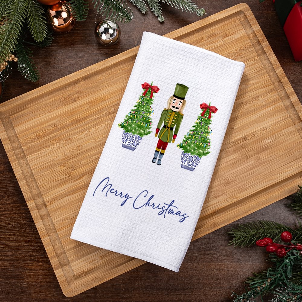 Acuarela Personalizada Árbol de Navidad Chinoiserie Cascanueces Toalla de Té con Texto Decoración de Cocina Regalo de Navidad para Amigos de la Familia