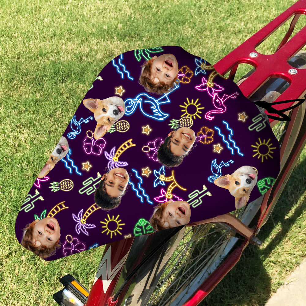 Personalizado 1-3 Fotos de la cara Fluorescente Patrón Ajustable Funda de sillín de bicicleta Cumpleaños Aniversario Regalo para los entusiastas del ciclismo
