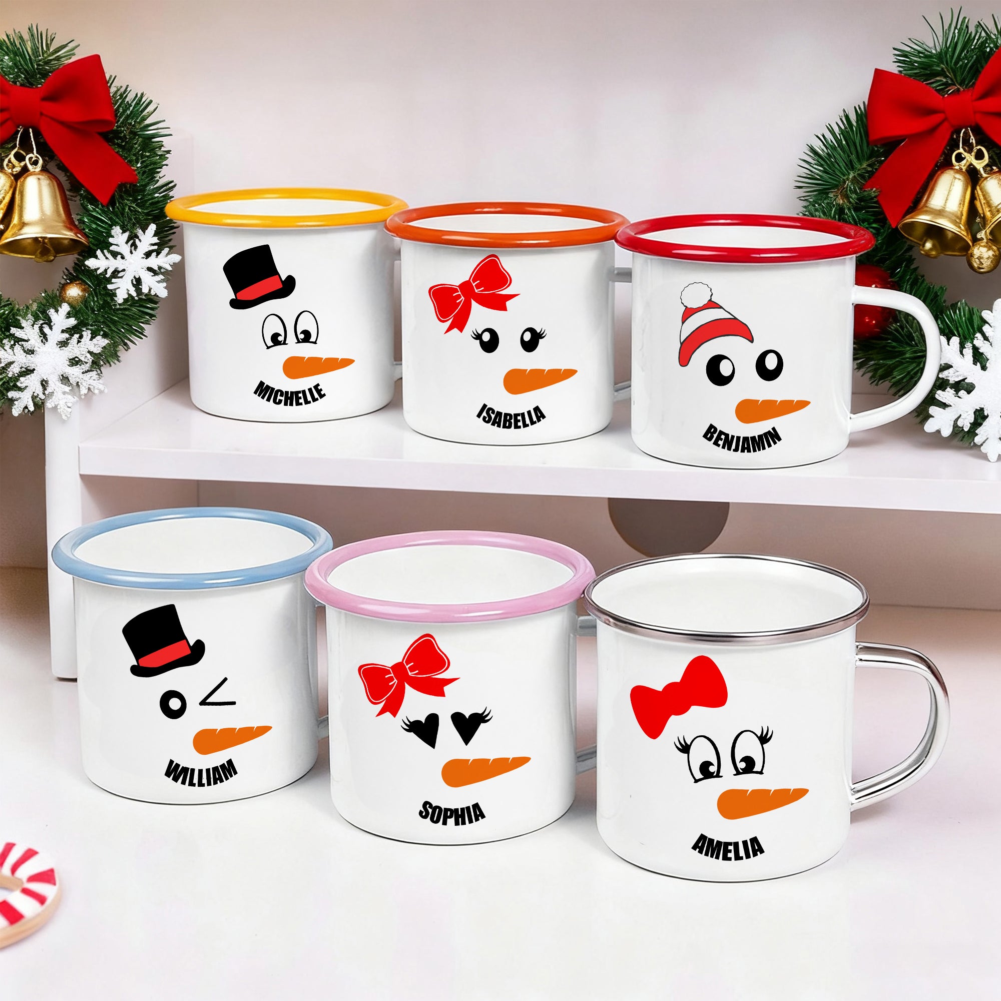 Taza esmaltada de 12 oz personalizada con el nombre de un simpático muñeco de nieve con nariz de zanahoria Regalo de Navidad para niños de uso diario