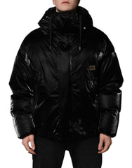 Men's Black Logo Full Zip Hooded Quilted Jacket Nylon Clothing