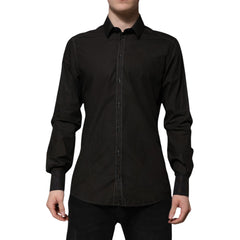Men's Black Cotton Jacquard Gold Collar Dress Shirt