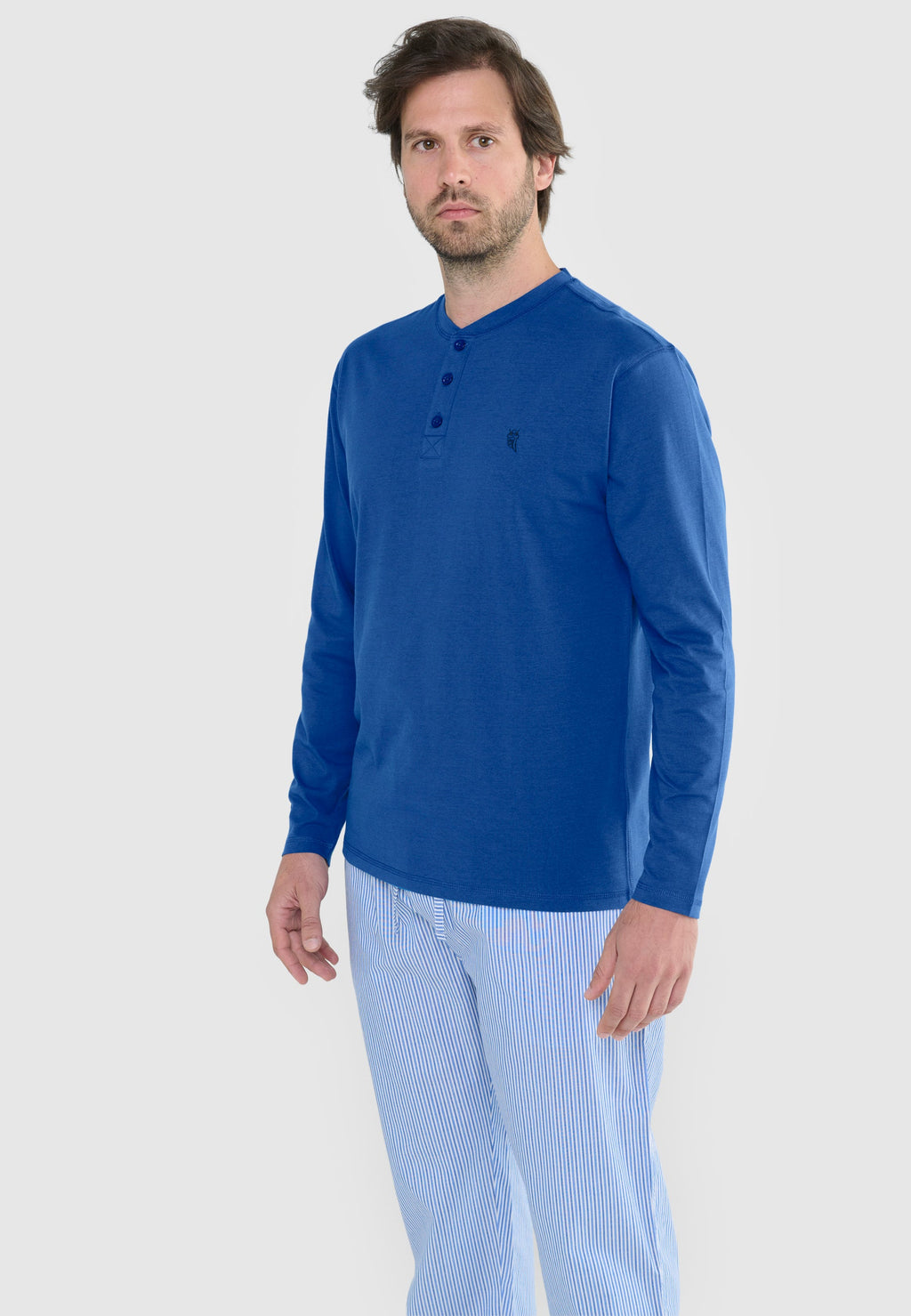 Camiseta Pijama Hombre Manga Larga Tapeta Algodón Lisa - Azul 7527_33