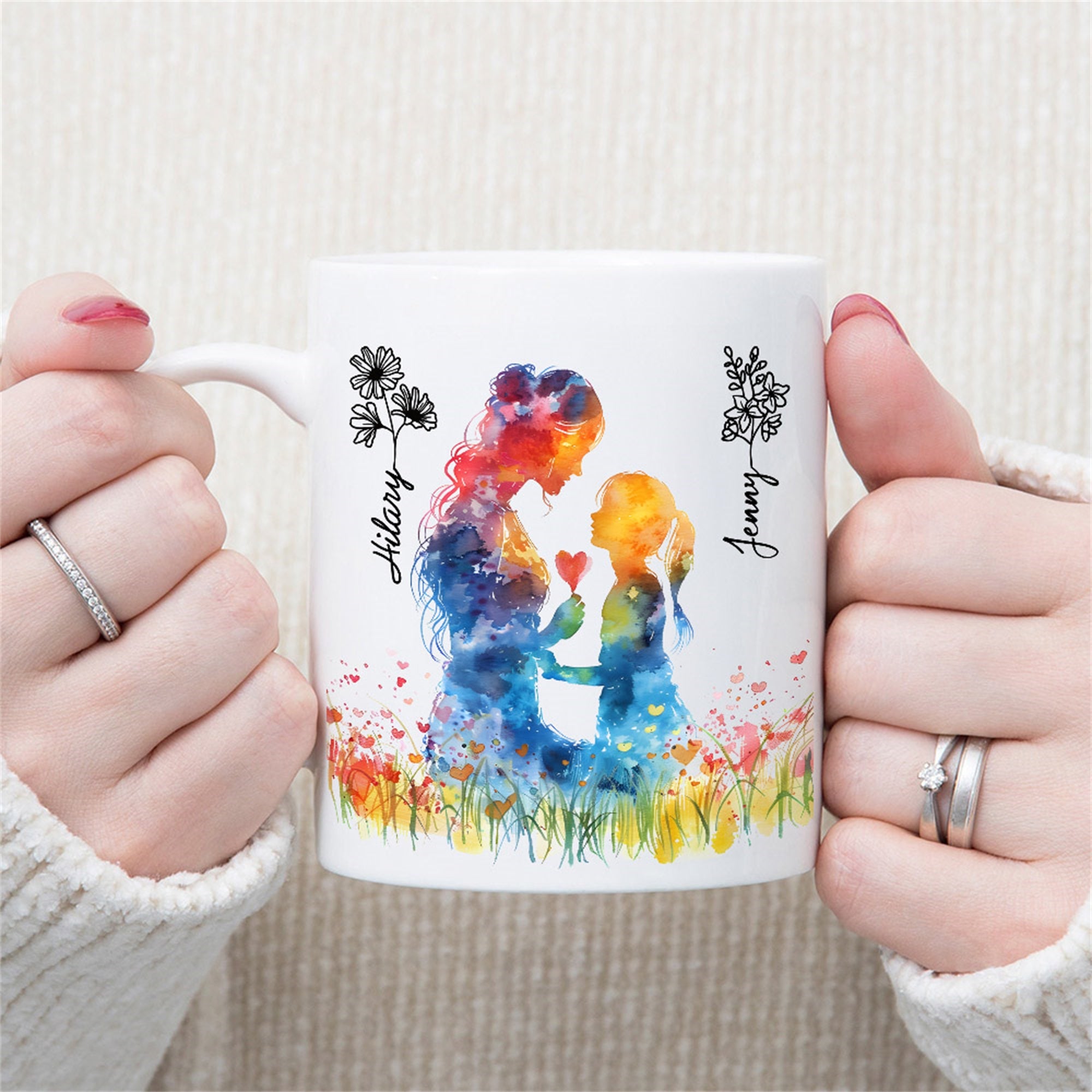 Taza de cerámica de 11 oz con nombre Silueta de mamá e hija en acuarela personalizada Flor de nacimiento Regalo del Día de la Madre para mamá y abuela