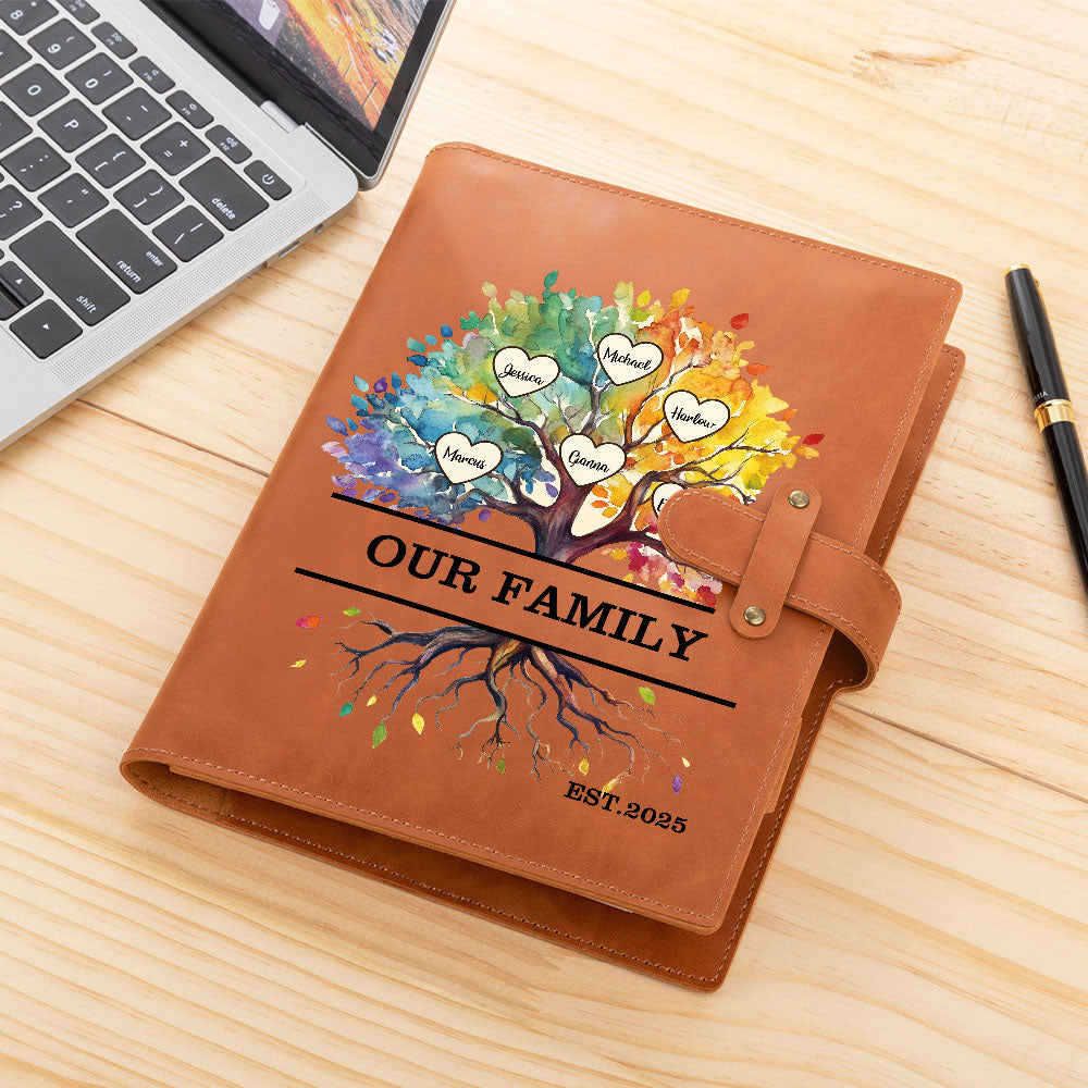 Árbol de la vida arco iris personalizado 2-20 nombres de corazones Cubierta de cuaderno A5 de cuero PU con texto y bolsillo de almacenamiento Regalo de cumpleaños para el Día de la Madre para la famil
