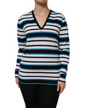 Women's Multicolor Stripes Long Sleeves V-Neck Top Cashmere Silk