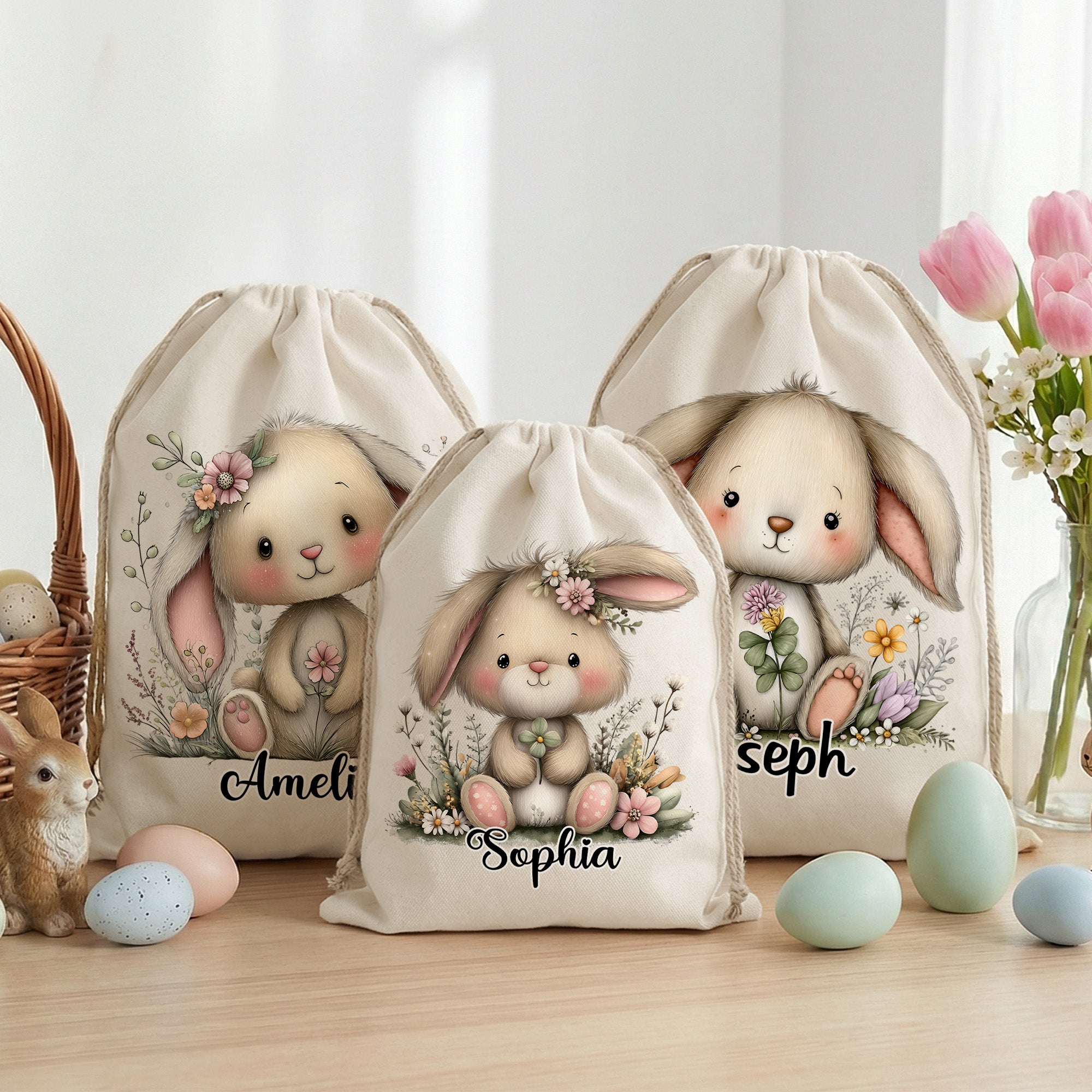 Conejito de Pascua floral personalizado Bolsa de regalo de lona de gran capacidad con cordón y nombre Fiesta de Navidad Regalo para niños Familia