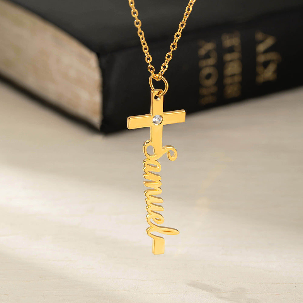 Personalizado Exquisito Birthstone Cruz Collar con Nombre Religioso Mujeres Joyería Cumpleaños Aniversario Bautizo Regalo para Cristiano