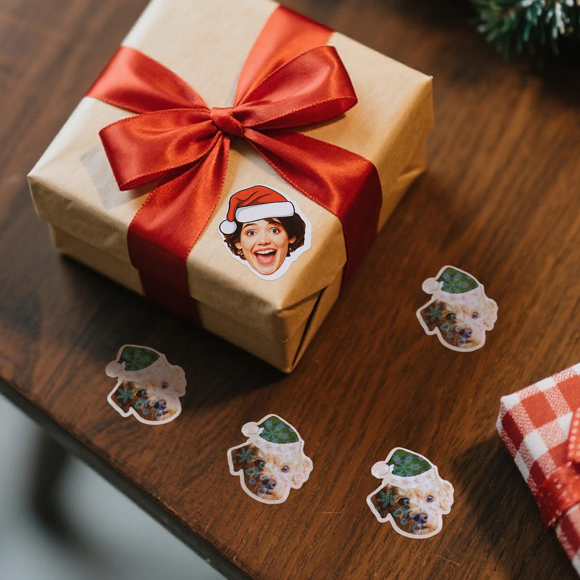 Gorro de Papá Noel Personalizado Foto Cara Juego de 12 Pegatinas de Confeti de Purpurina Impermeables Decoración de Regalo Fiesta de Navidad Favor para Amigos de la Familia