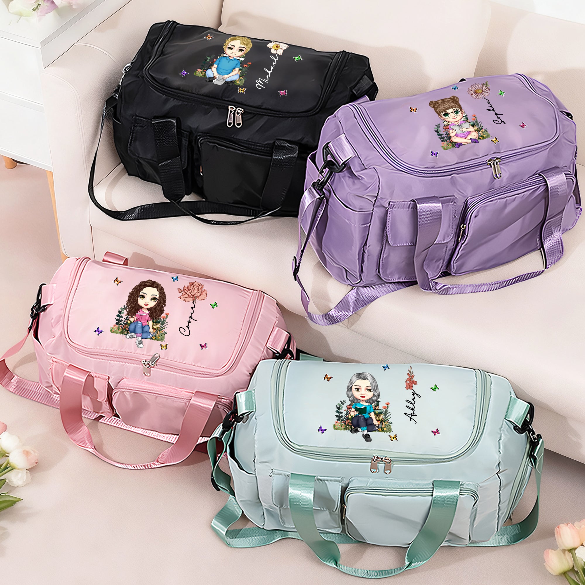 Personalizada Caricatura Flor de Nacimiento Impermeable Gran Bolsa de viaje Duffel con nombre Regalo de cumpleaños para los ratones de biblioteca Los amantes del deporte
