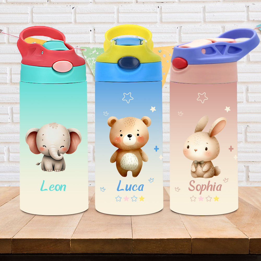 Animales de dibujos animados personalizados Nombre de la estrella 12 oz Kid aislado Botella de agua con asa y pajita de silicona Viaje diario esencial Regalo de cumpleaños para los niños