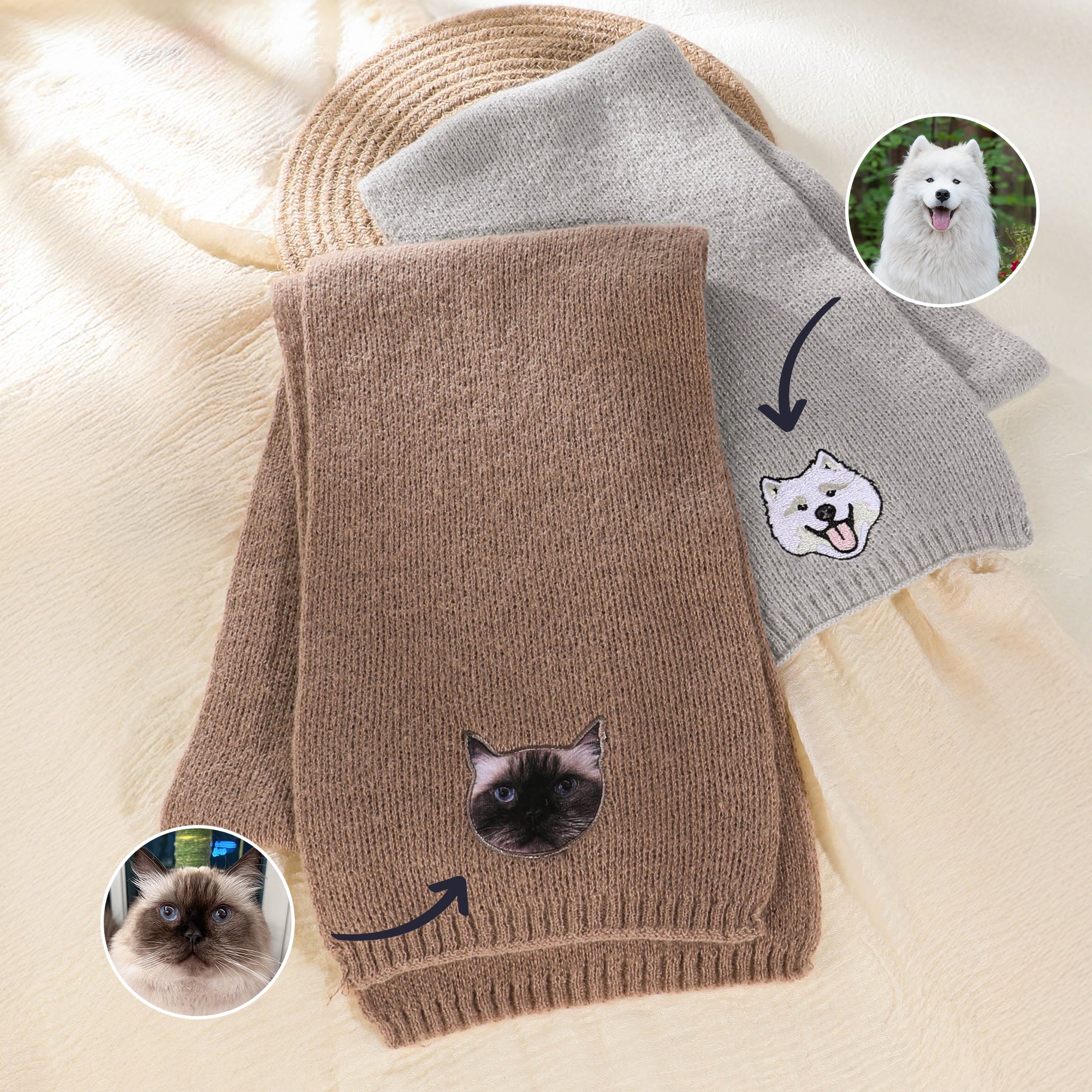 Bordado personalizado de la cara del animal doméstico Foto bufanda caliente suave con el nombre de accesorios de moda regalo de cumpleaños para el dueño del animal doméstico amante