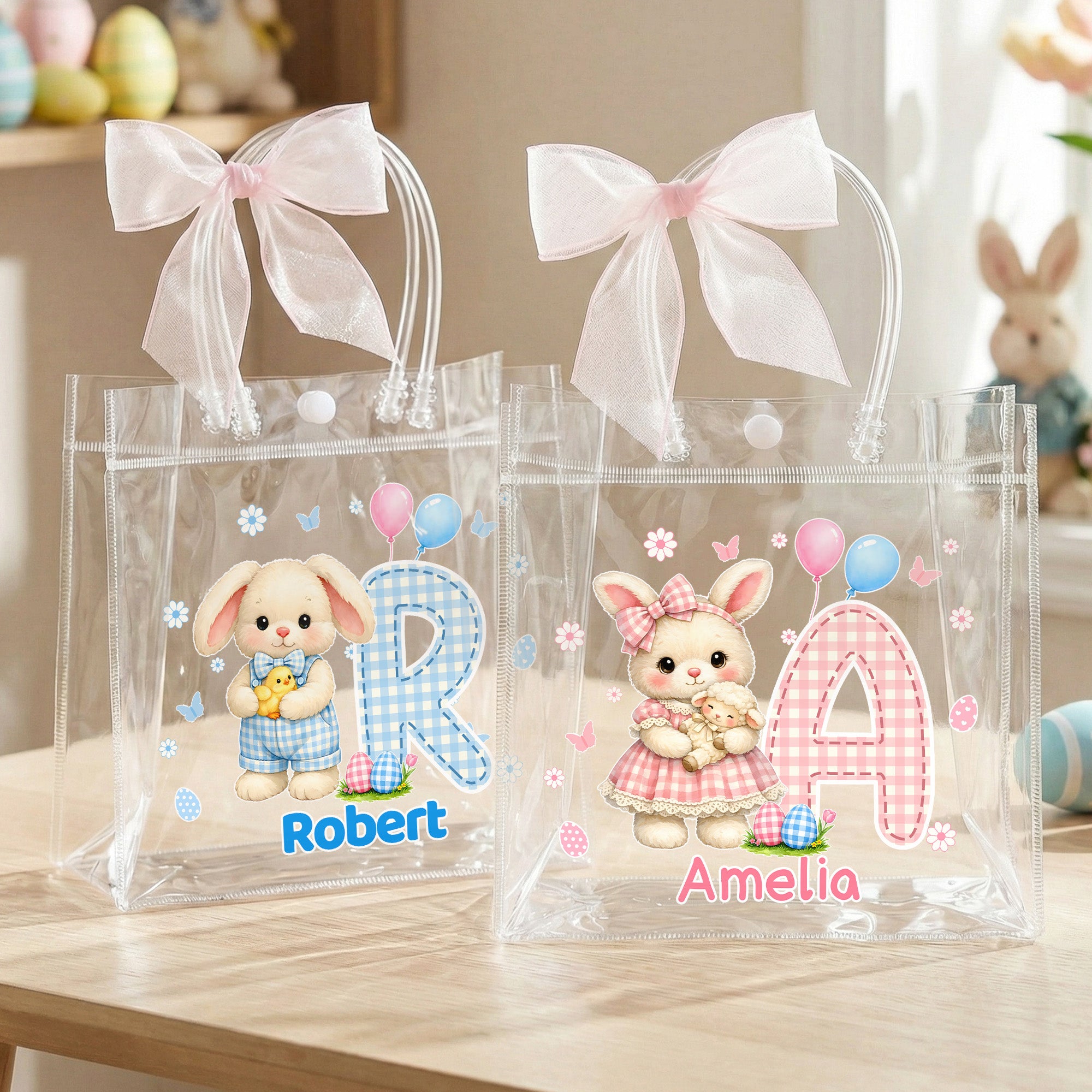 Personalizado lindo conejo rosa azul a cuadros inicial bolsa de regalo transparente con el nombre y lazo rosa de caza de huevos de Pascua de la cinta de regalo de la fiesta para los niños