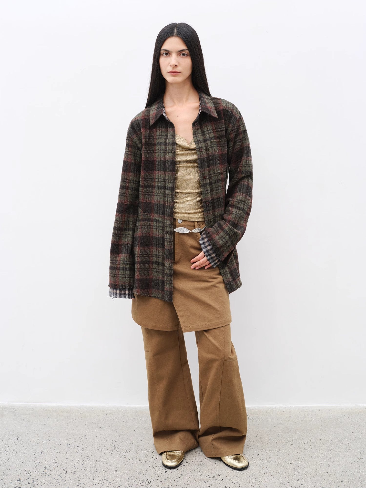 Culotte Declaration Retro split design fake two-piece twill brushed slightly flared slim jeans