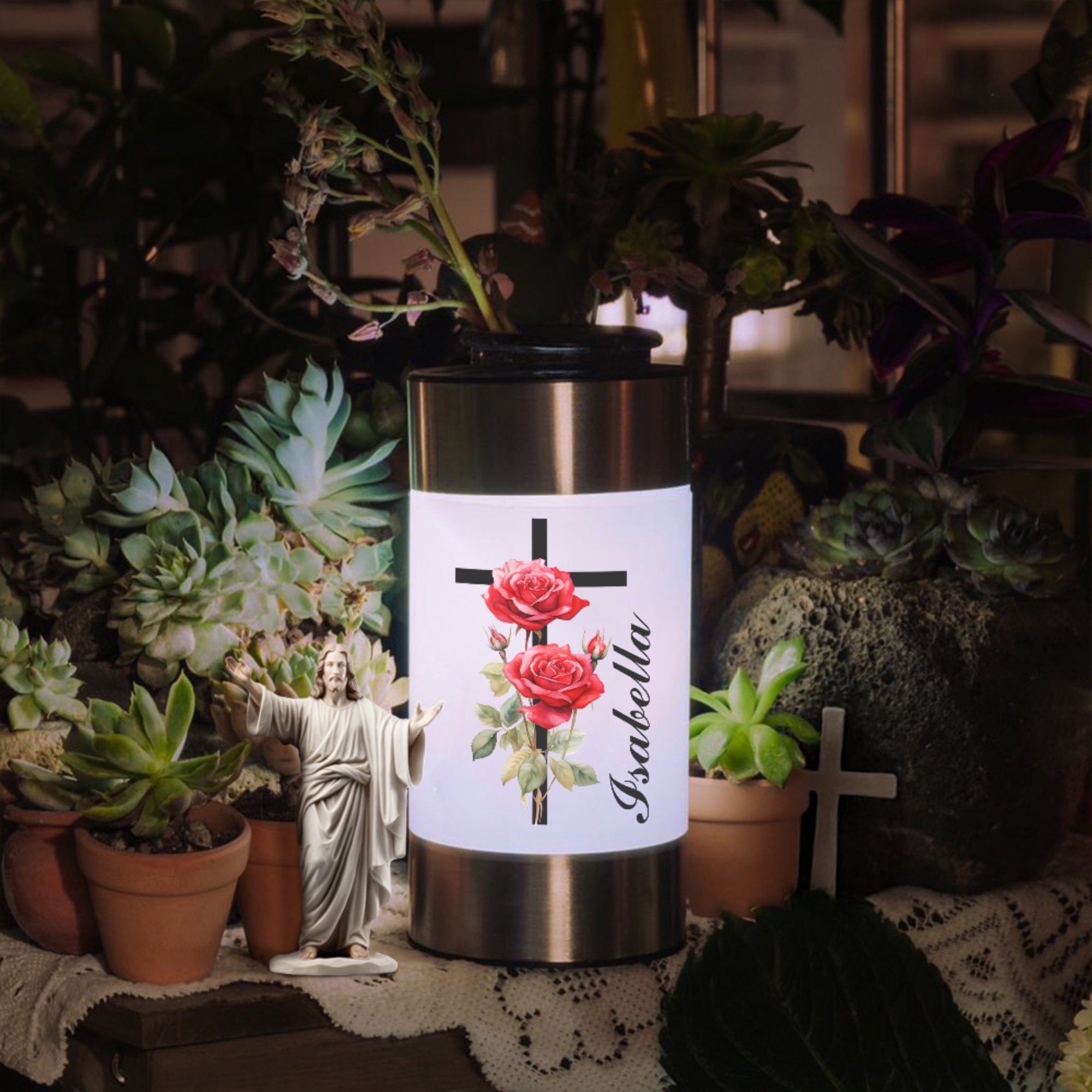 Personalizada Flor de Nacimiento Cruz Impermeable Solar Luz de Jardín con Nombre Desmontable Decoración de Iglesia de Jardín Bautizo Cumpleaños Regalo para Mujeres Cristianas