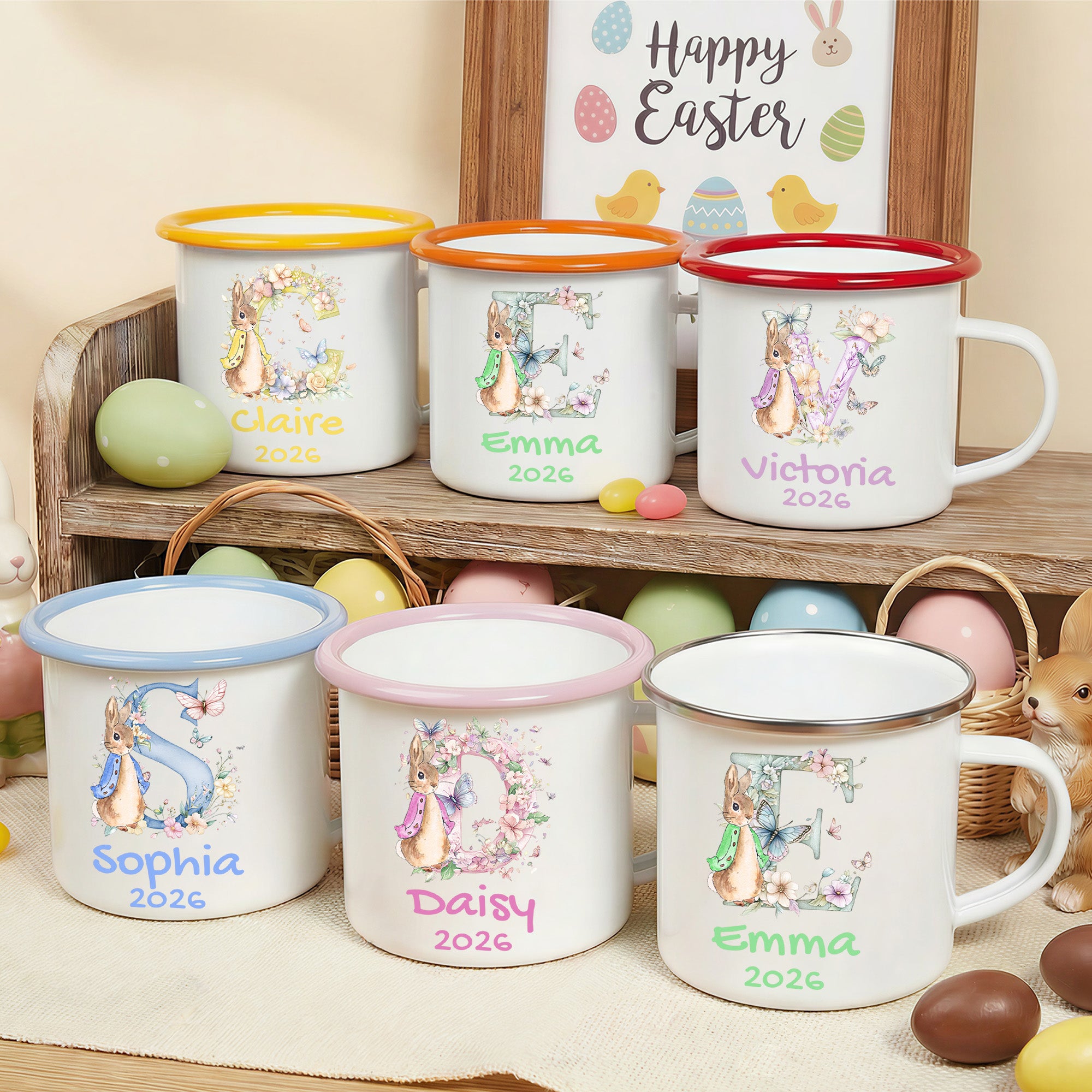 Taza esmaltada personalizada con nombre y año de la inicial de la mariposa de la flor del conejo de Peter lindo regalo del día de Pascua del cumpleaños para los cabritos