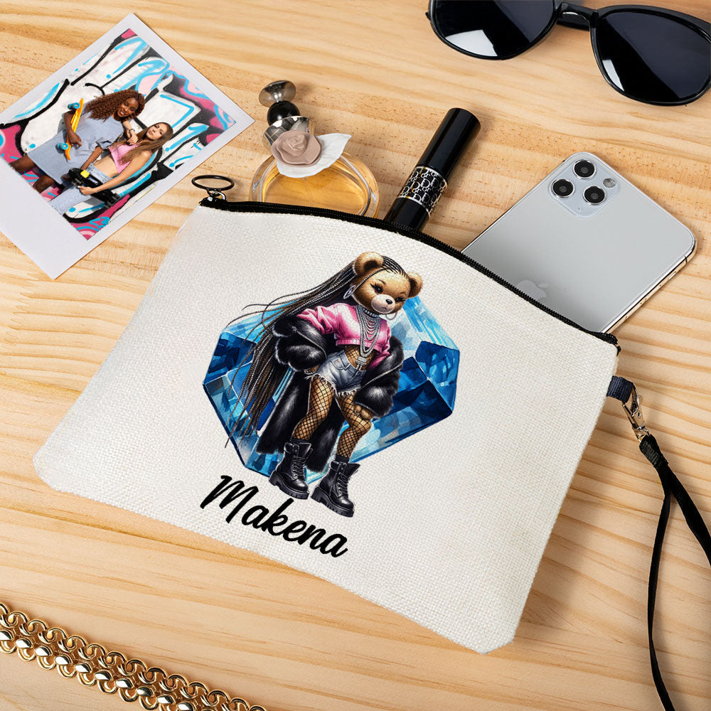 Bolsa de maquillaje personalizada con nombre y correa de muñeca para chica hip-hop con diseño de osito de peluche regalo de cumpleaños para amantes del hip-hop Black Queen