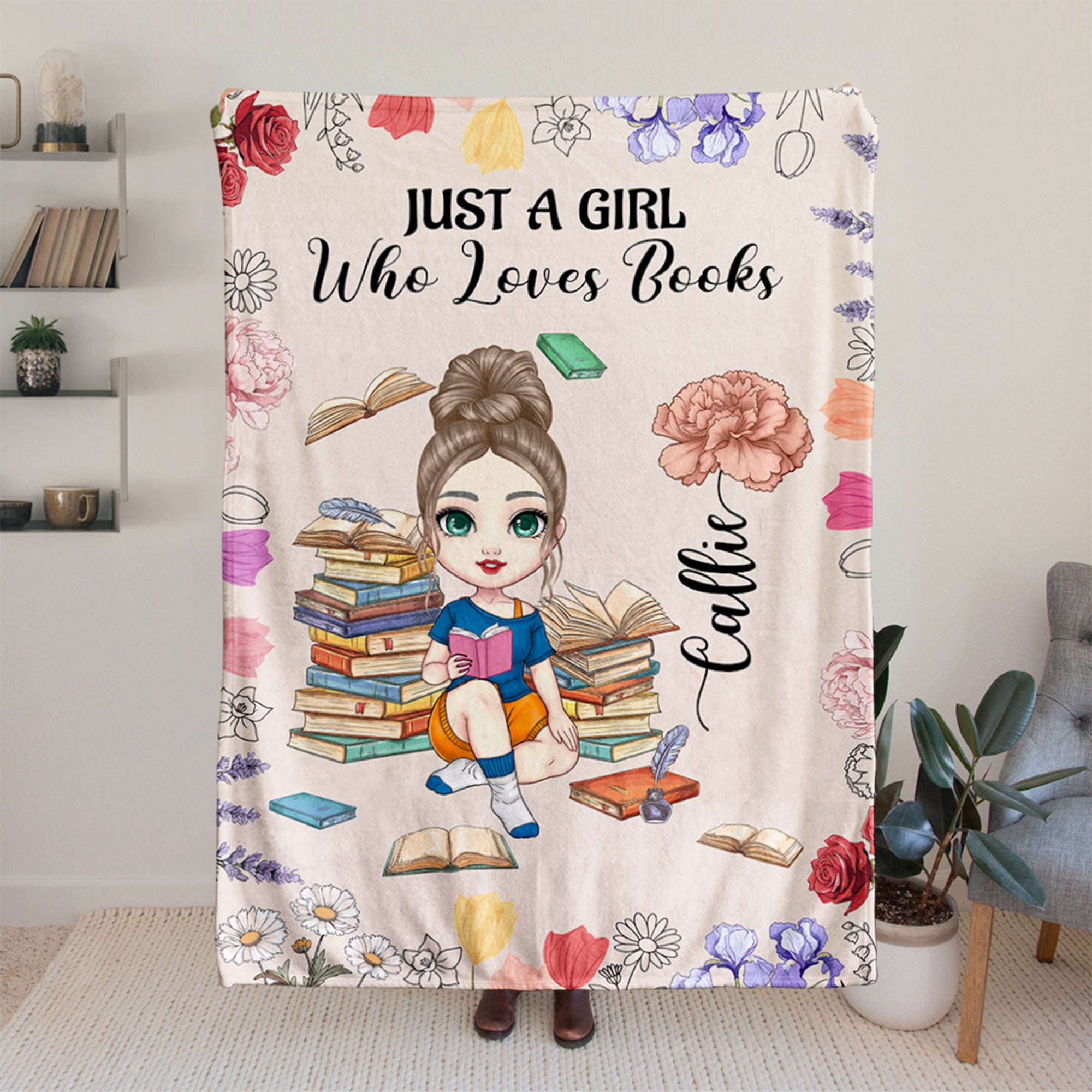 Manta personalizada con personaje de dibujos animados y flor de nacimiento con nombre y título regalo de cumpleaños para amantes de los libros