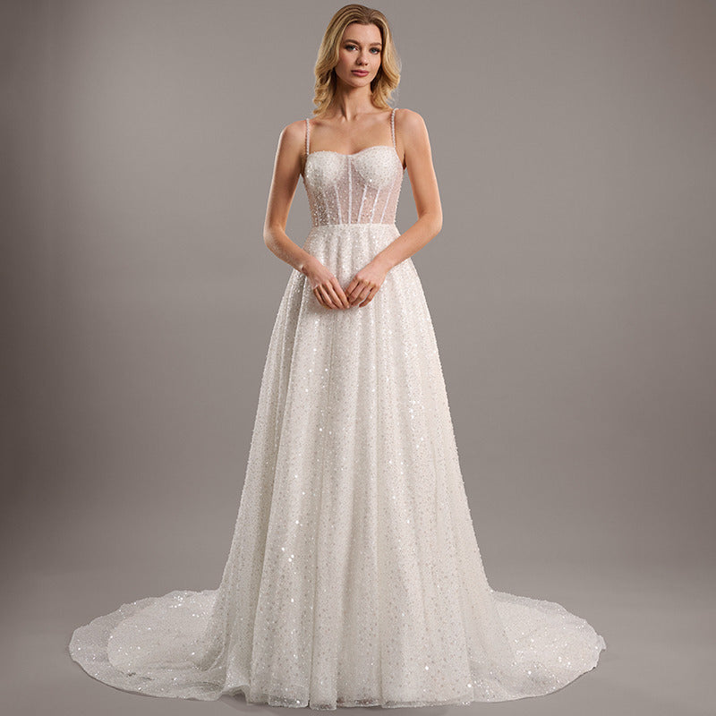 Bridal Wedding Dress Ivory Sleeveless Long V-Neck Ball-Gown Princess Sequin
