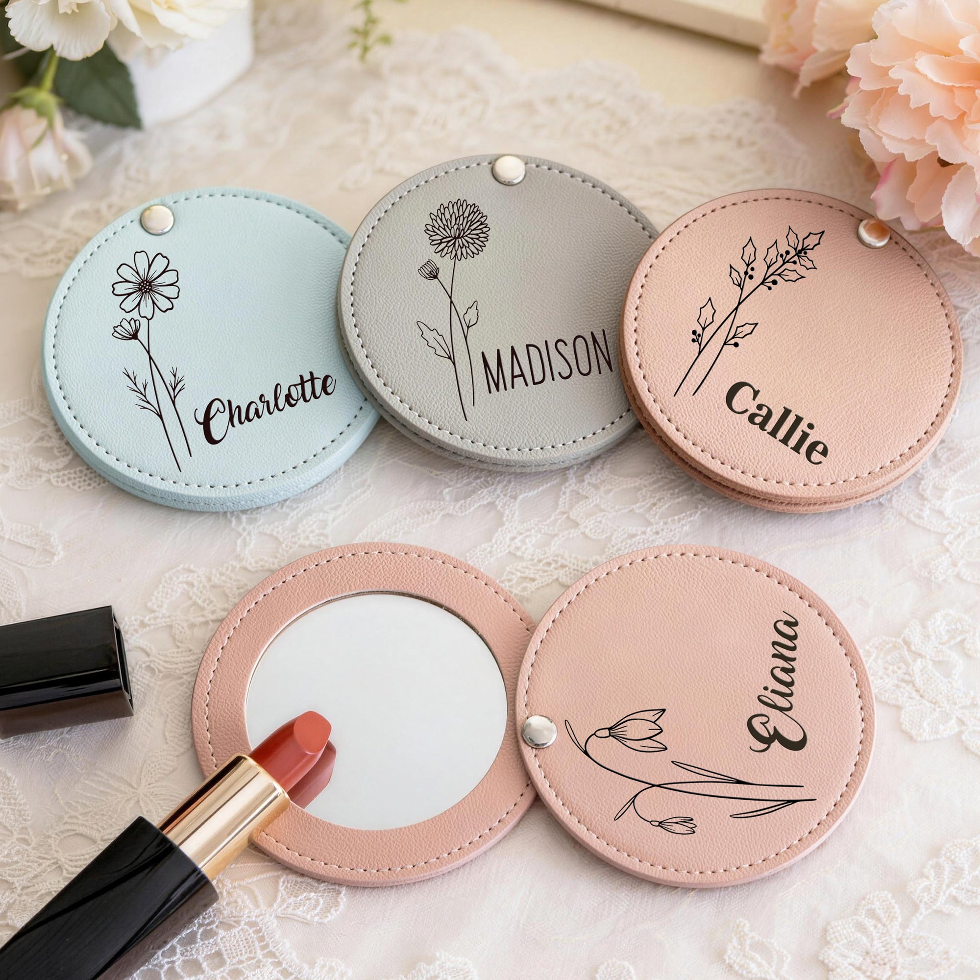 Personalizada Flor de Nacimiento Bolsillo plegable Espejo de maquillaje con nombre Herramientas de maquillaje Cumpleaños Dama de honor Regalo para ella