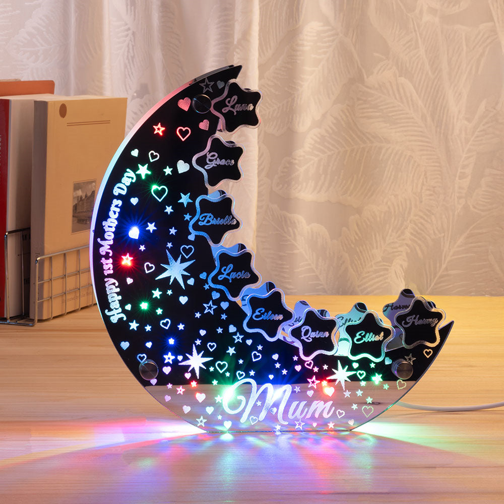 Estrellas de luna personalizadas Espejo acrílico Luz LED que cambia de color con 1-8 nombres Decoración del hogar Cumpleaños Día de la madre Regalo para la familia Niños