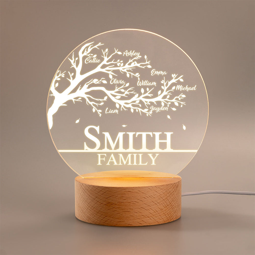 Árbol de la vida familiar personalizado Luz de noche acrílica con base de madera Decoración para el cuarto de los niños Día de la madre Regalo de cumpleaños para la familia