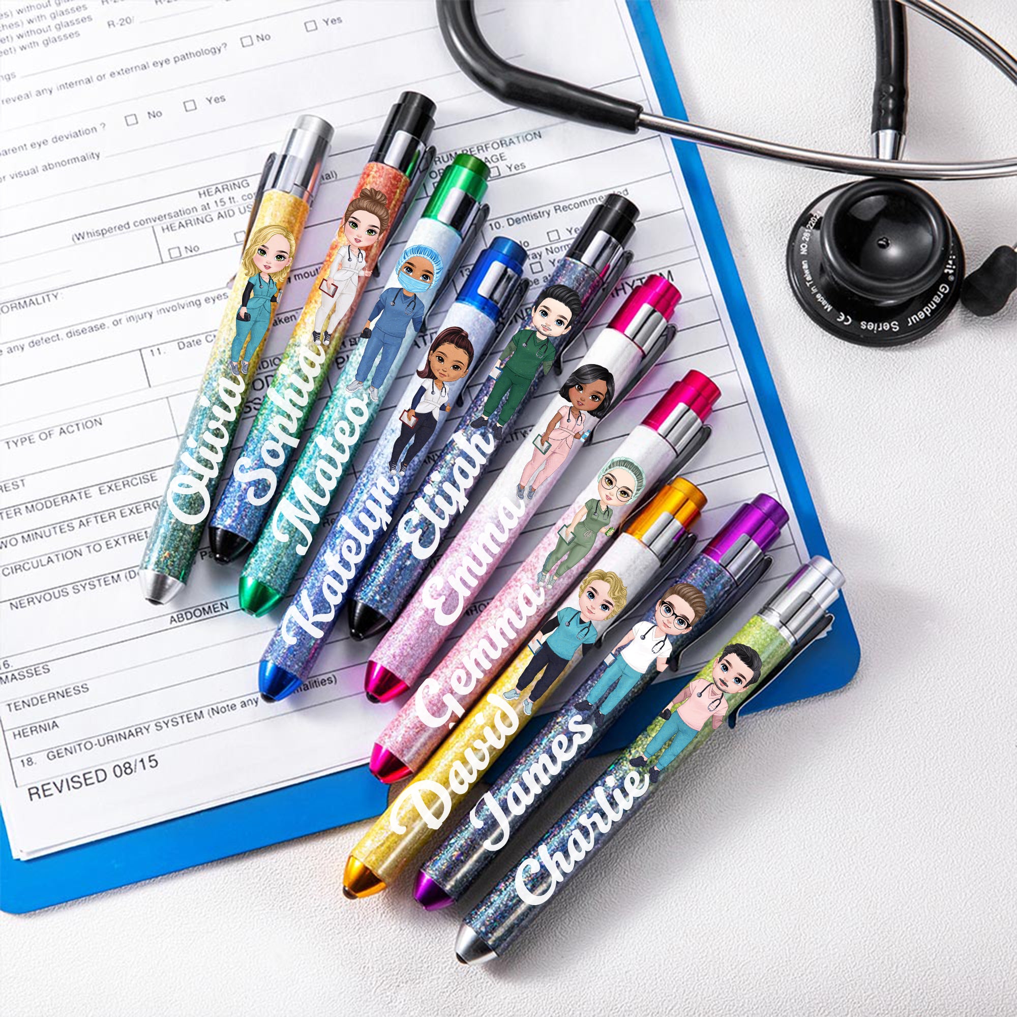 Personalizado Cartoon Character Glitter Medical Portable LED Pen Light con Nombre Semana de la Enfermera Apreciación Cumpleaños Regalo para el personal médico de la enfermera del doctor