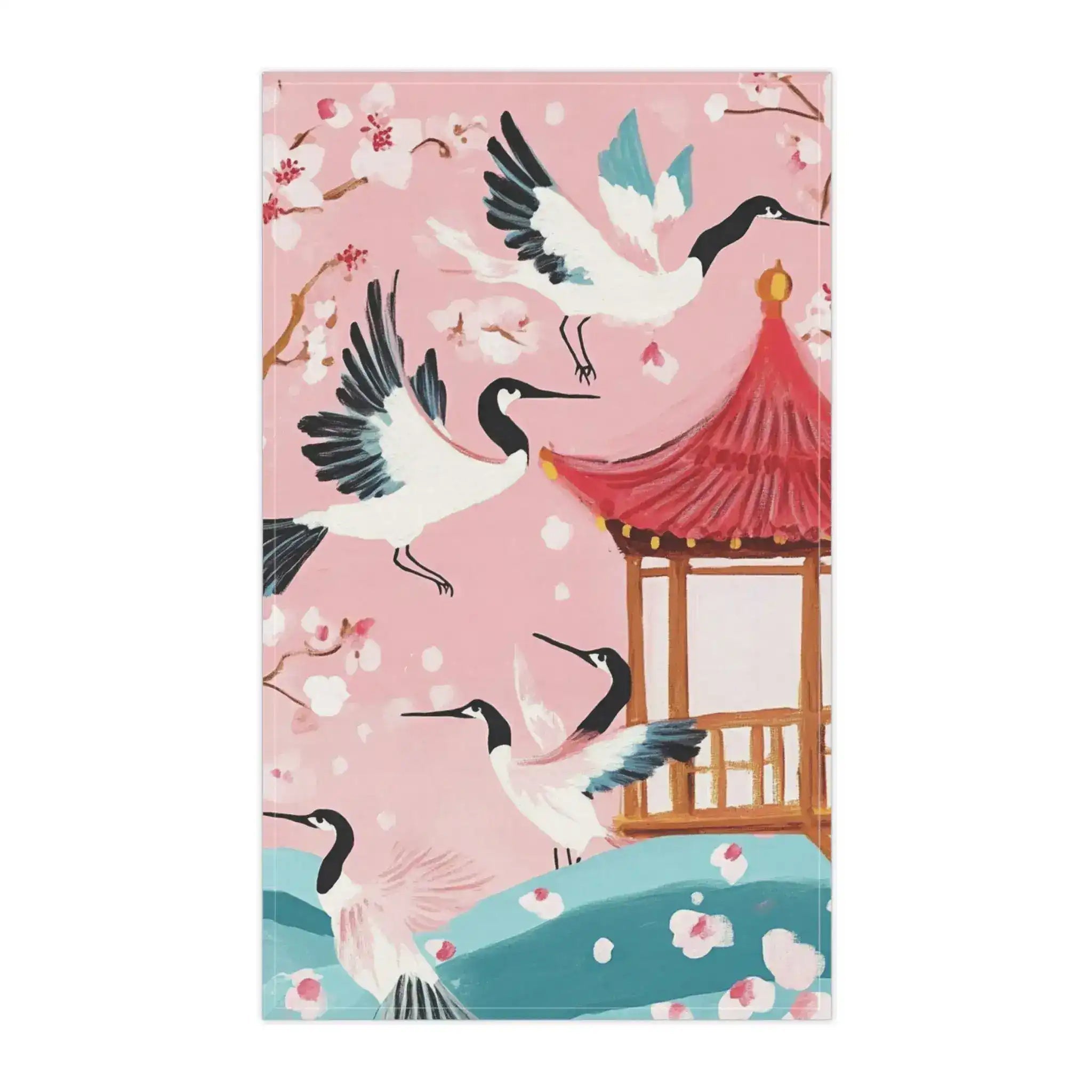 Serene Crane and Blossom Pavilion Kitchen Towel