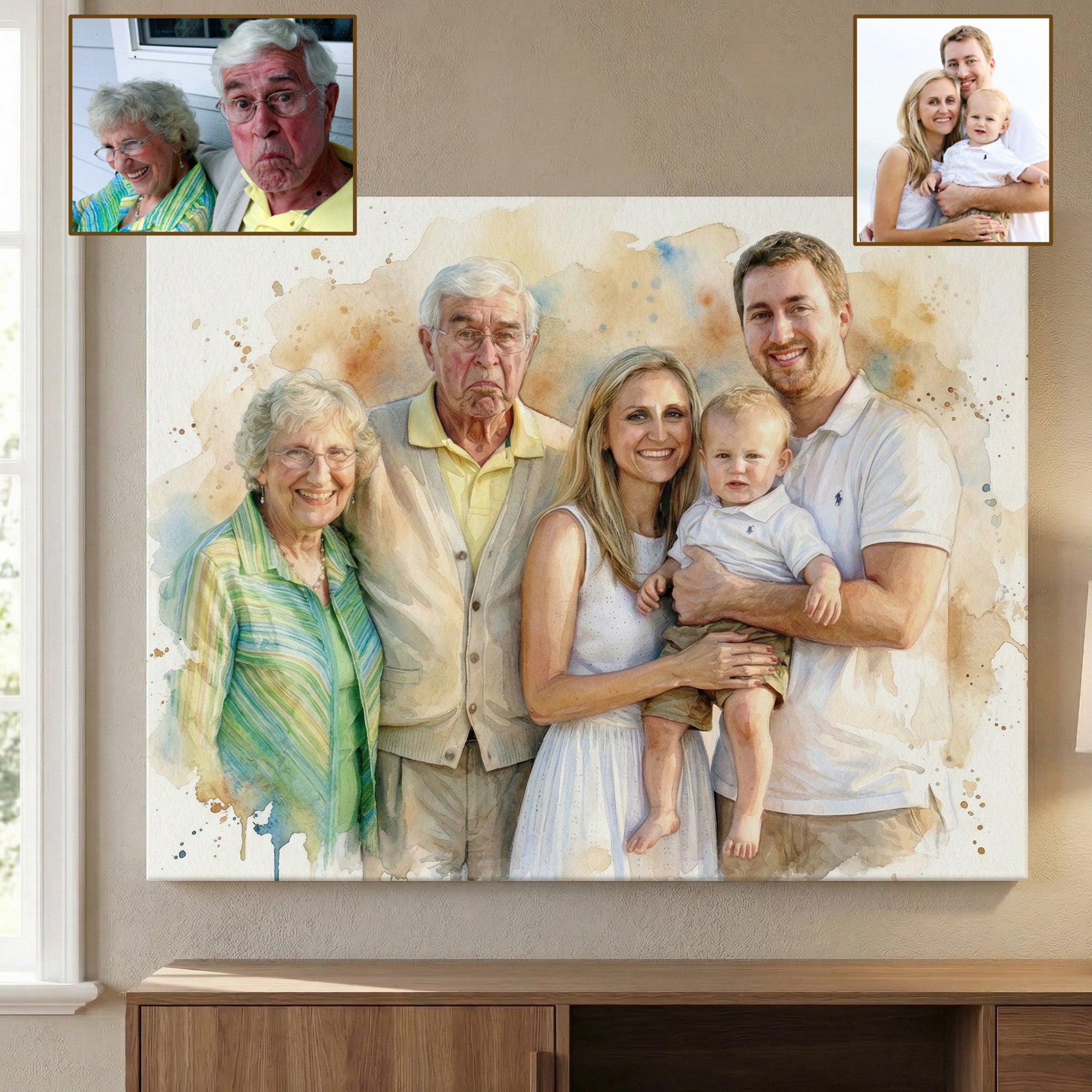 Acuarela Personalizada Fusionar un ser querido Fotos Retrato Impresiones en lienzo con texto Sentimental Memorial Regalo para la familia