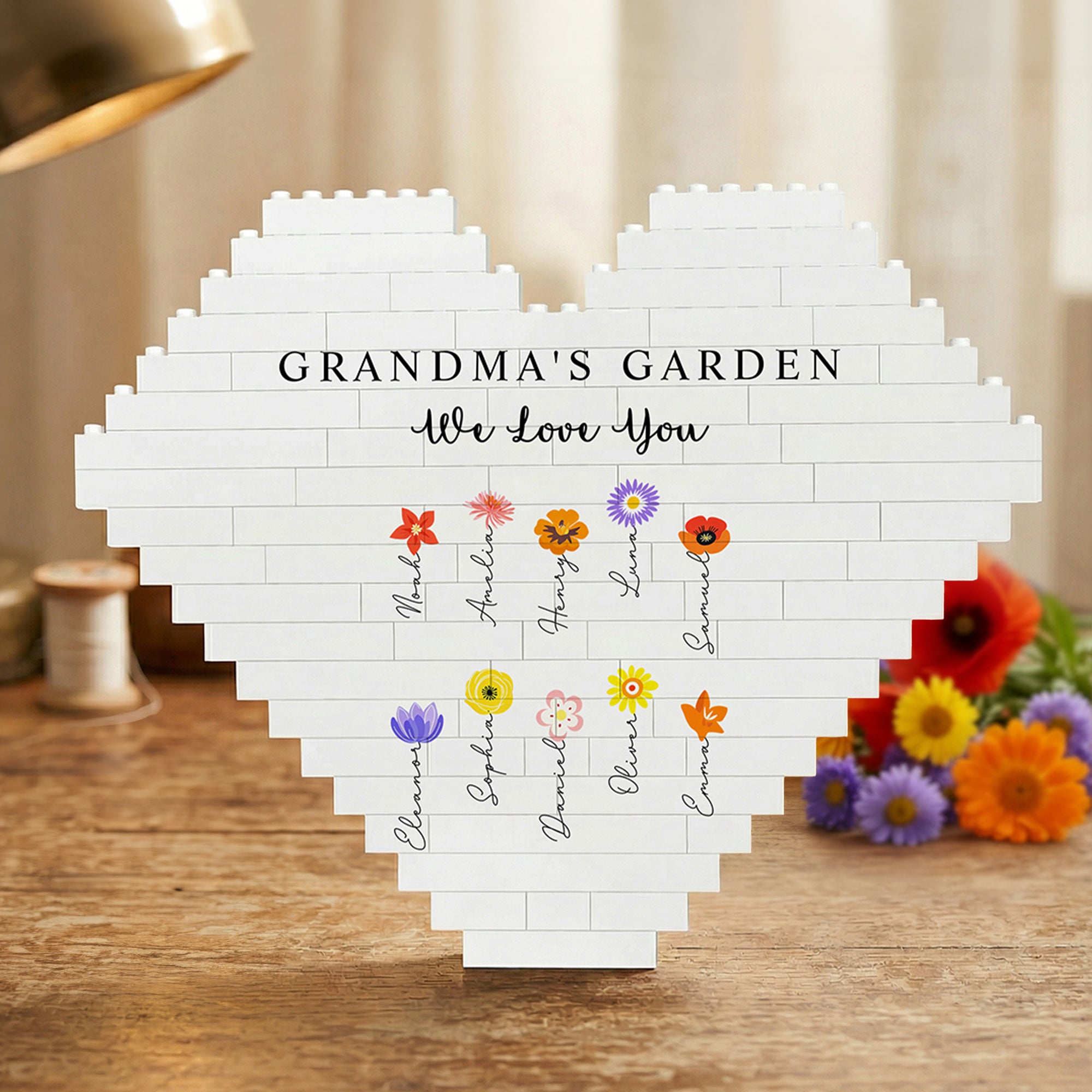 Personalizado Jardín de la abuela Nacimiento Flor Corazón ladrillo de construcción Puzzles con nombres Texto y Título Día de la Madre Regalo para mamá Abuela