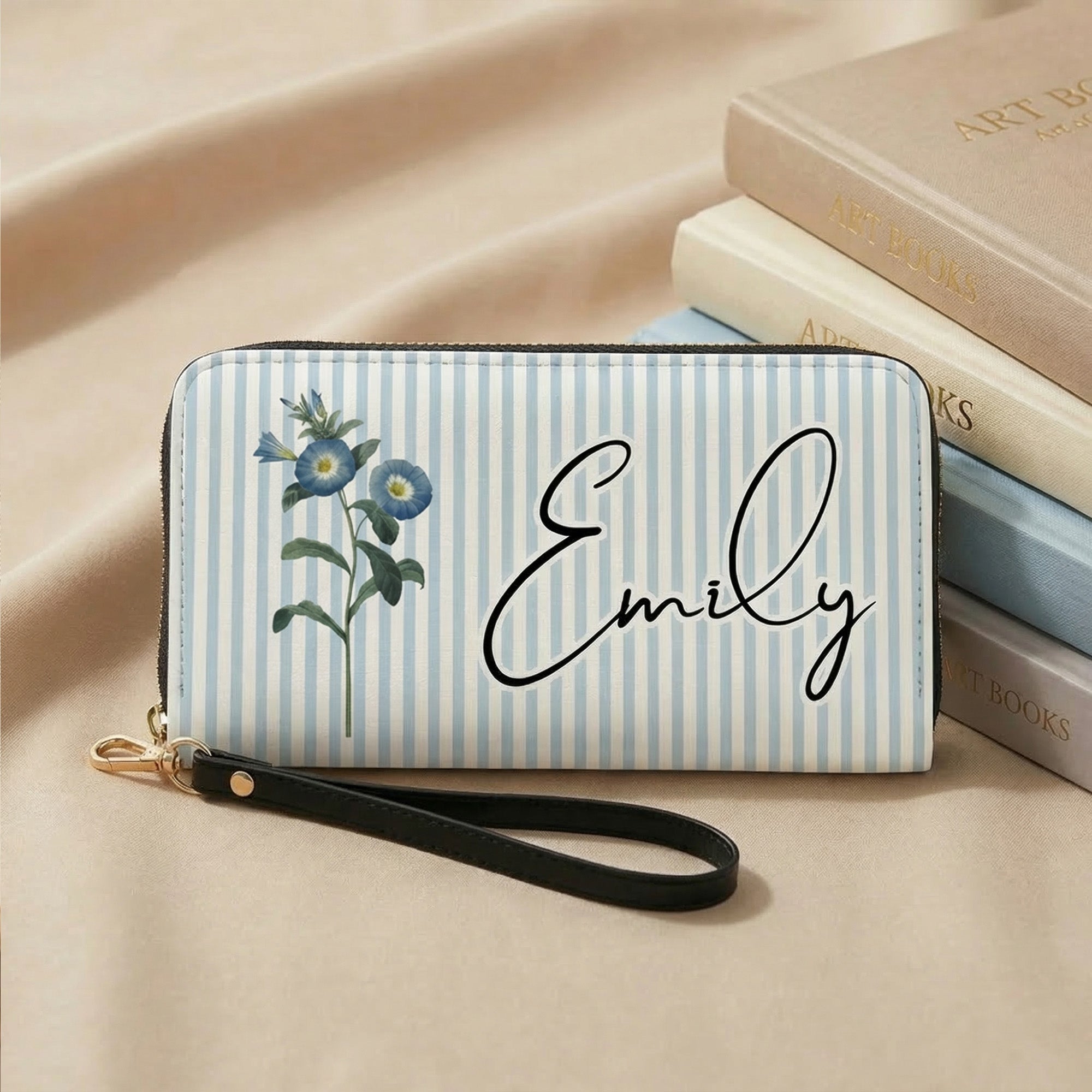 Personalizada Nacimiento Flor Rayas PU Cartera de cuero con nombre de uso diario Regalo de cumpleaños para mamá esposa abuela