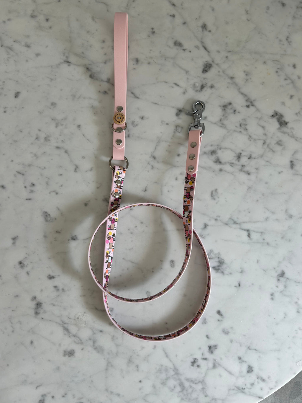 Handmade Vegan Leather Dog Leash - Bee Happy Dachshunds - Pink