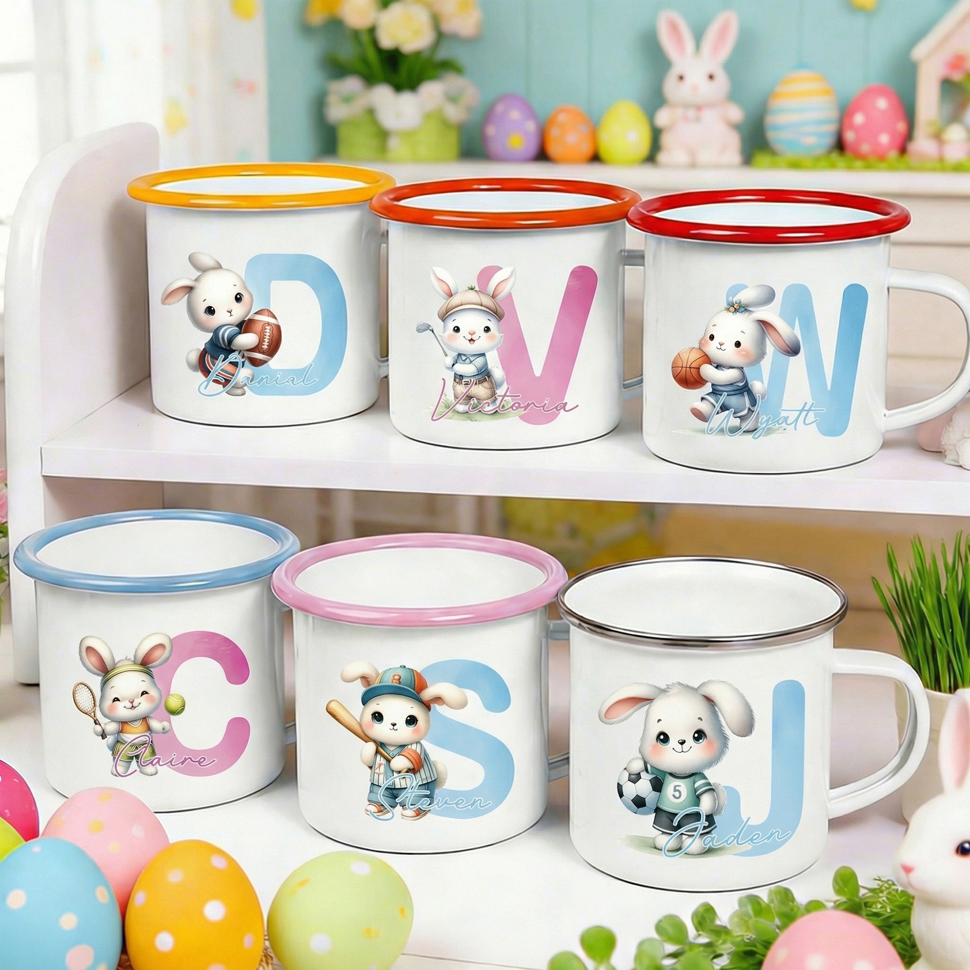 Personalizada Deportes de dibujos animados conejo inicial 12 oz borde de color taza de esmalte con el nombre de Pascua Fiesta de Regalo para Niños Niñas