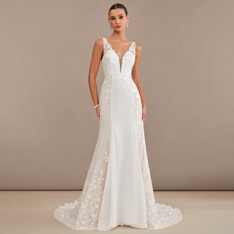Bridal Wedding Dress Ivory-Champagne Sleeveless Long V-Neck Mermaid