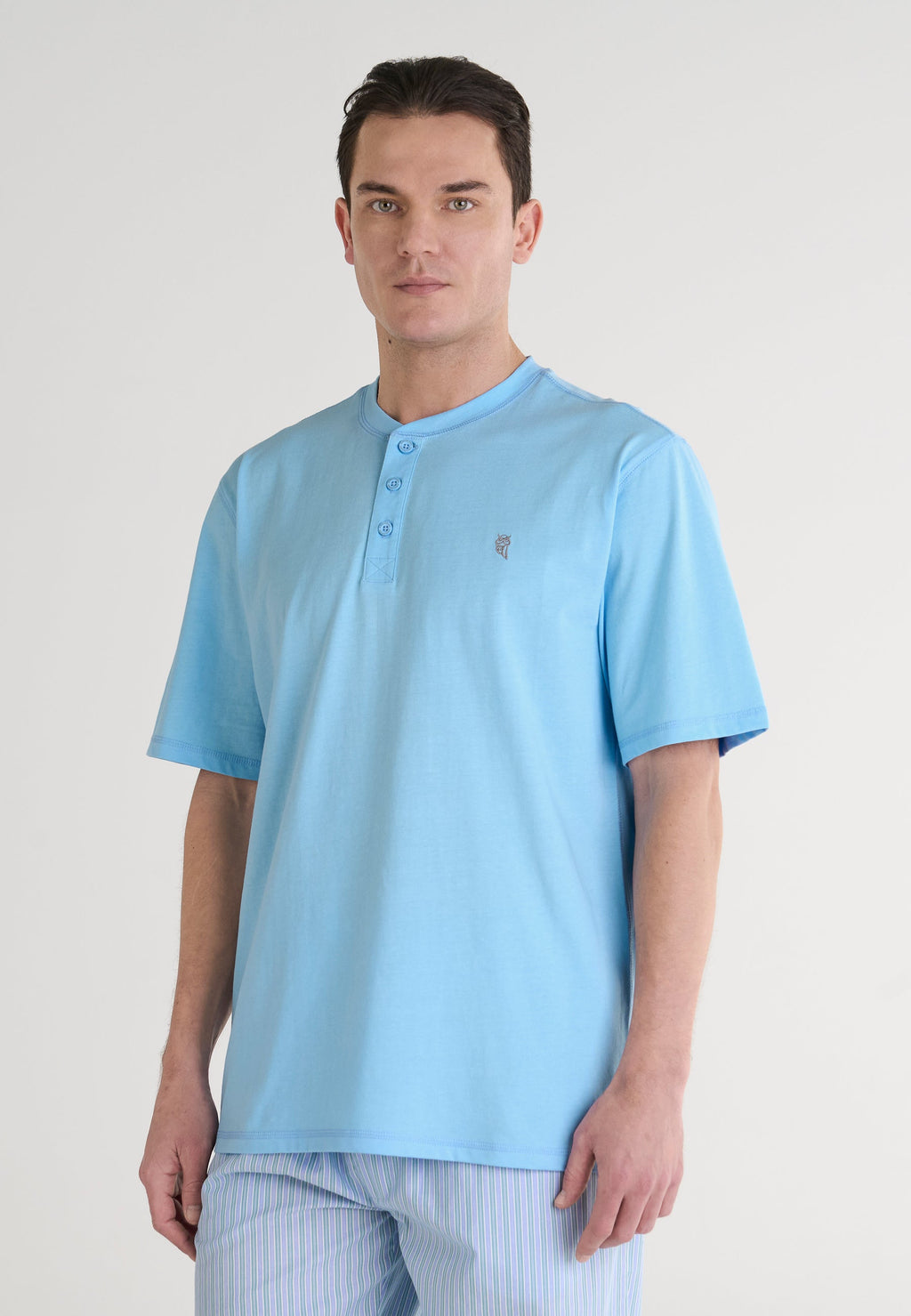 Camiseta Pijama Hombre Manga Corta Tapeta Algodón Lisa - Celeste 7637_30