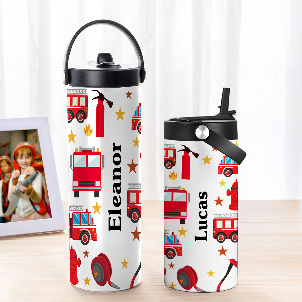 Nombre de camión de bomberos personalizado Botella de agua aislante de acero inoxidable para niños con asa y pajita Regalo de cumpleaños Vuelta al cole para niños Niñas