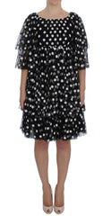 Women's Black White Polka Dotted Ruffled Dress Cotton