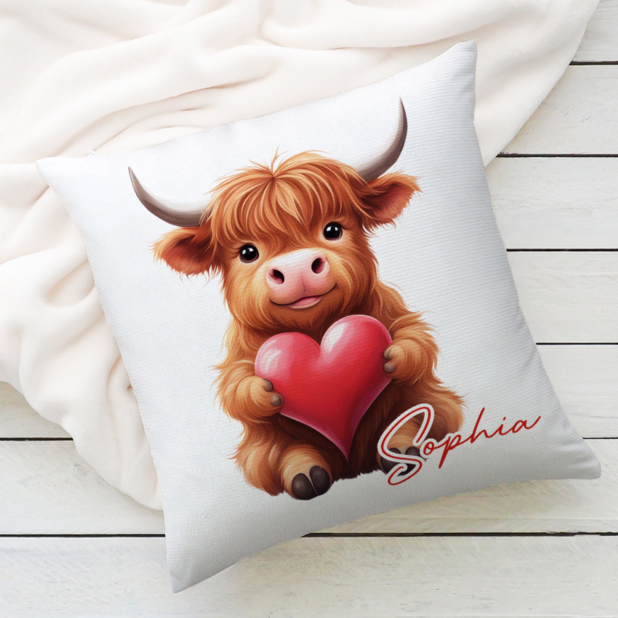 Personalizado lindo amor corazón Highland vaca suave tiro almohada cubierta con nombre decoración del hogar día de San Valentín cumpleaños regalo para la familia amigo amante de la vaca