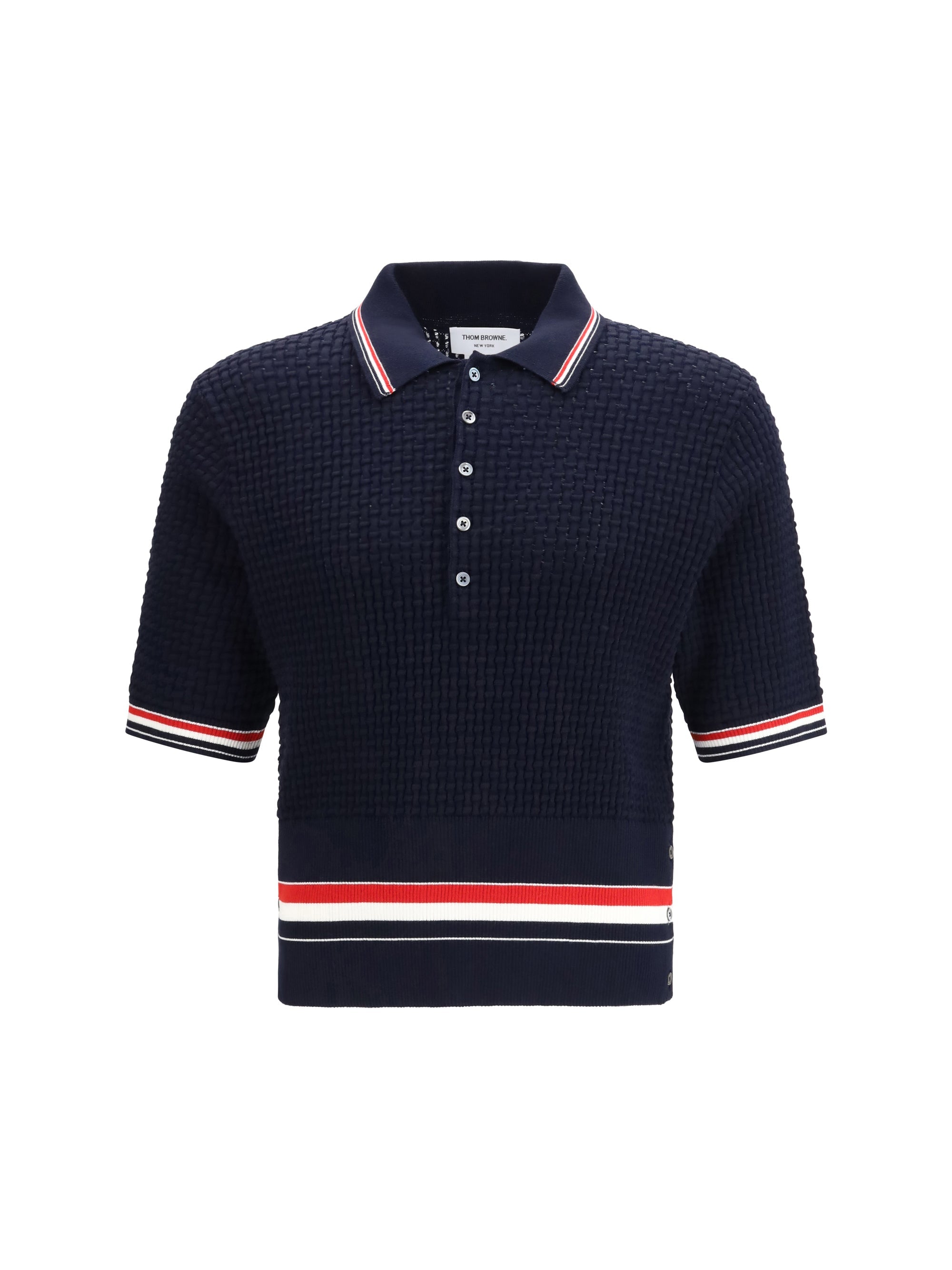 Thom Browne Striped Knit Cotton Polo — Navy