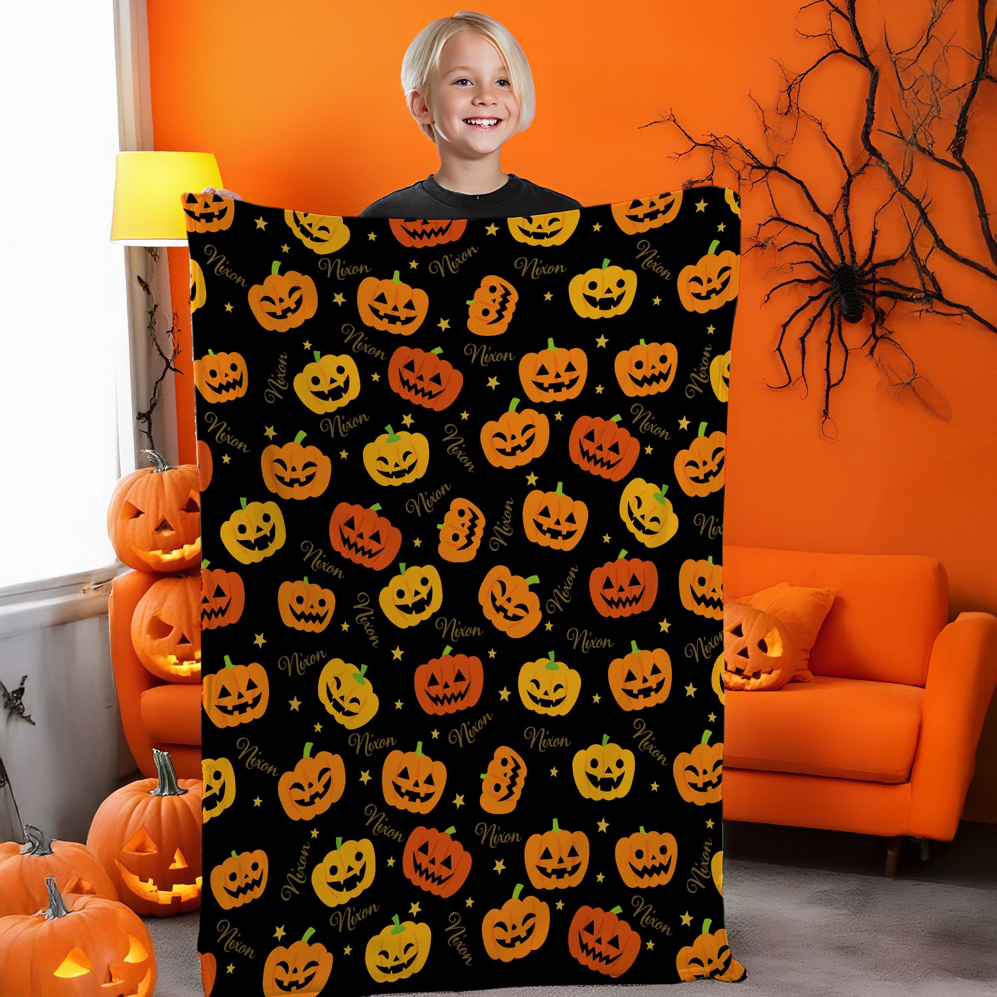 Calabazas de Halloween Personalizadas Estrellas Manta Suave con Nombre Decoración de Fiesta en Casa Regalo de Halloween para Niños Niñas