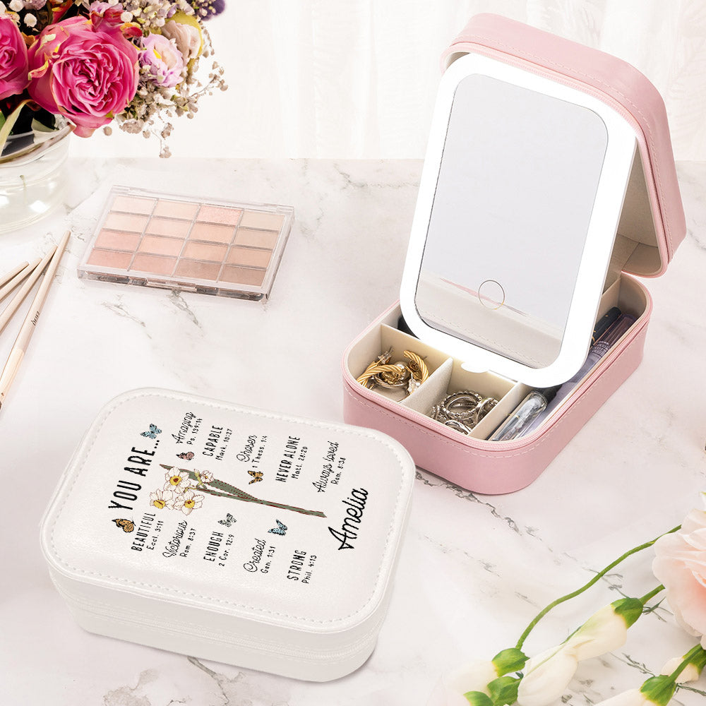 Personalizado You Are Versículo de la Biblia Nombre de la Flor de Nacimiento Joyero de cuero con LED ajustable Espejo de maquillaje Esencial de viaje Regalo de cumpleaños para mujer