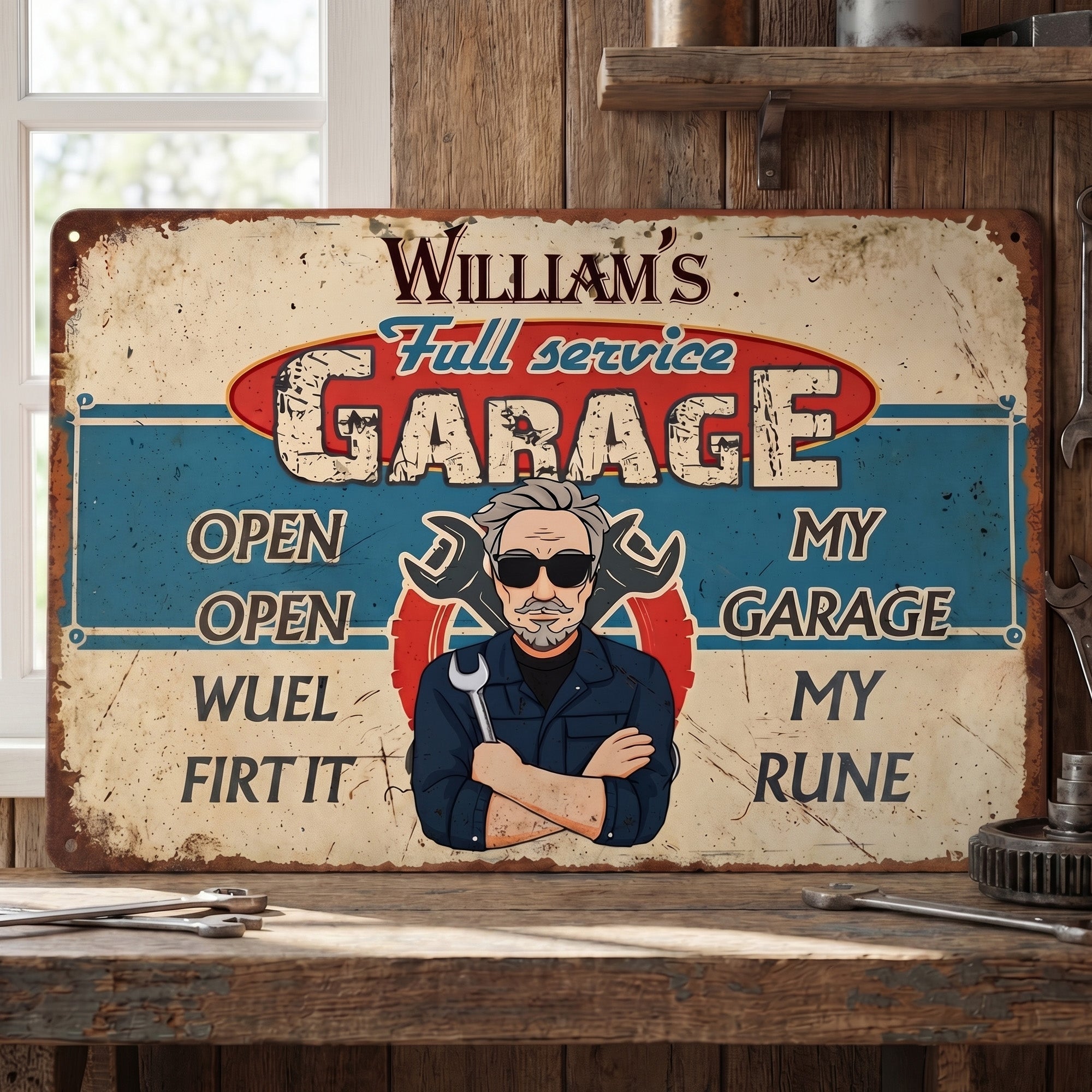 Personalizado Vintage Cartoon Auto Mechanic Character Garage Metal Sign with Name Father's Day Birthday Gift for Father