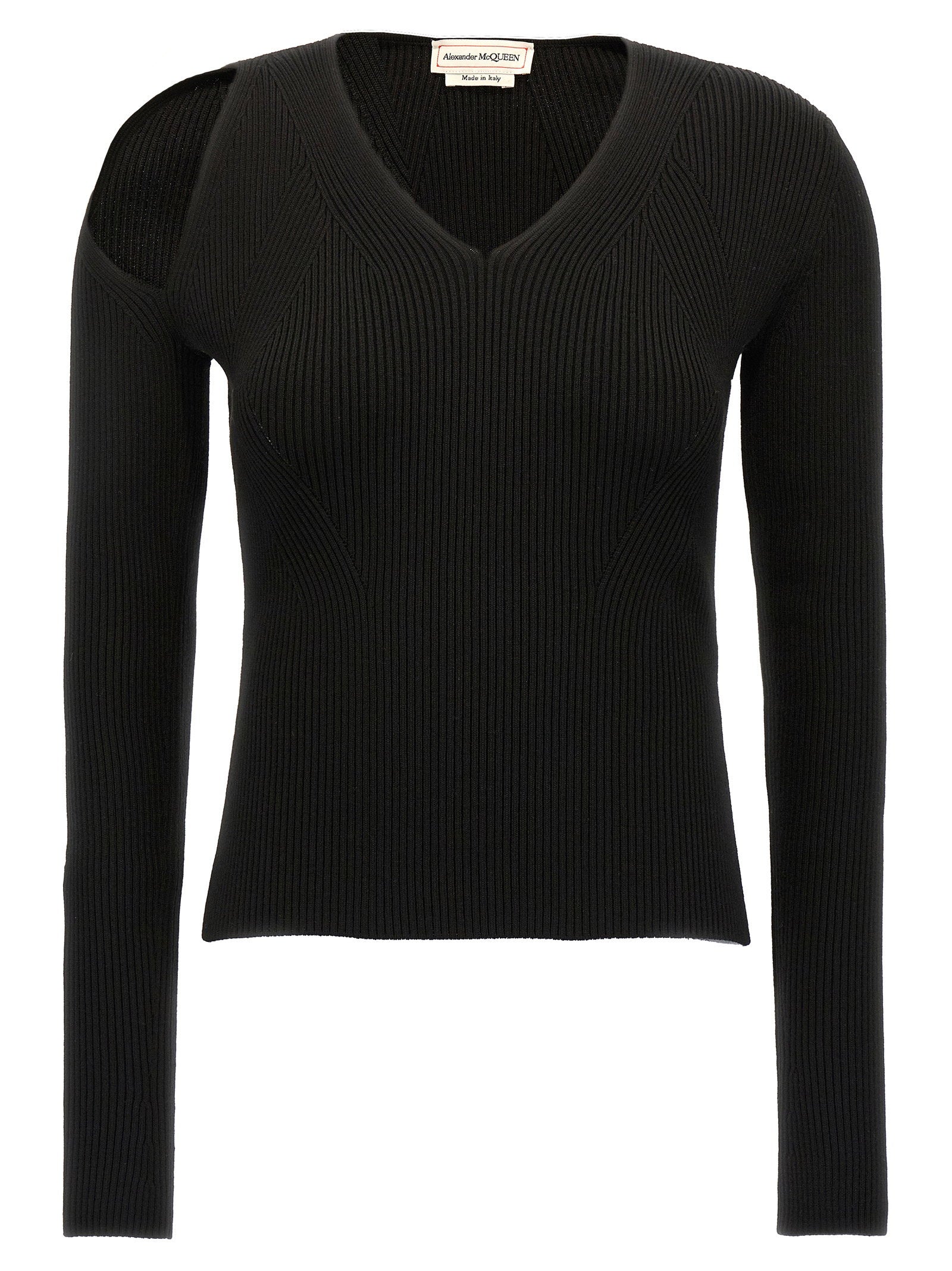 Alexander McQueen Shoulder Cut-Out Ribbed Wool Sweater — Black