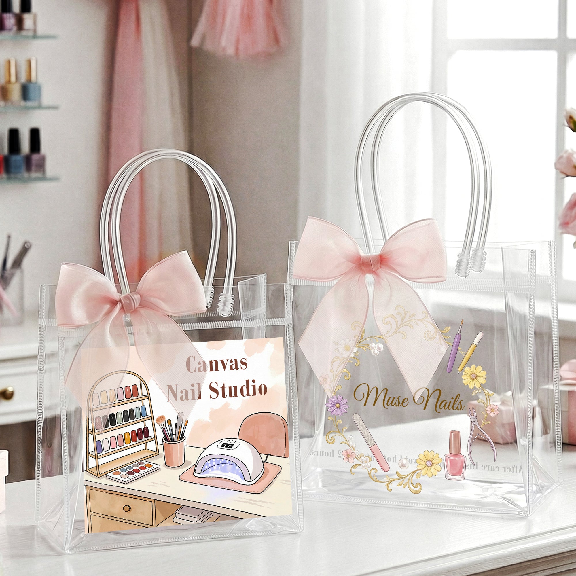Bolsa de regalo transparente personalizada The Nail Atelier con texto y lazo rosa Nail Studio Gift for Girl Woman