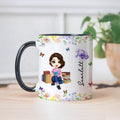 Taza de cerámica personalizada con el nombre del personaje de dibujos animados Flor de nacimiento 11 oz Cumpleaños Regalo de Navidad para los amantes de los libros Ratones de biblioteca