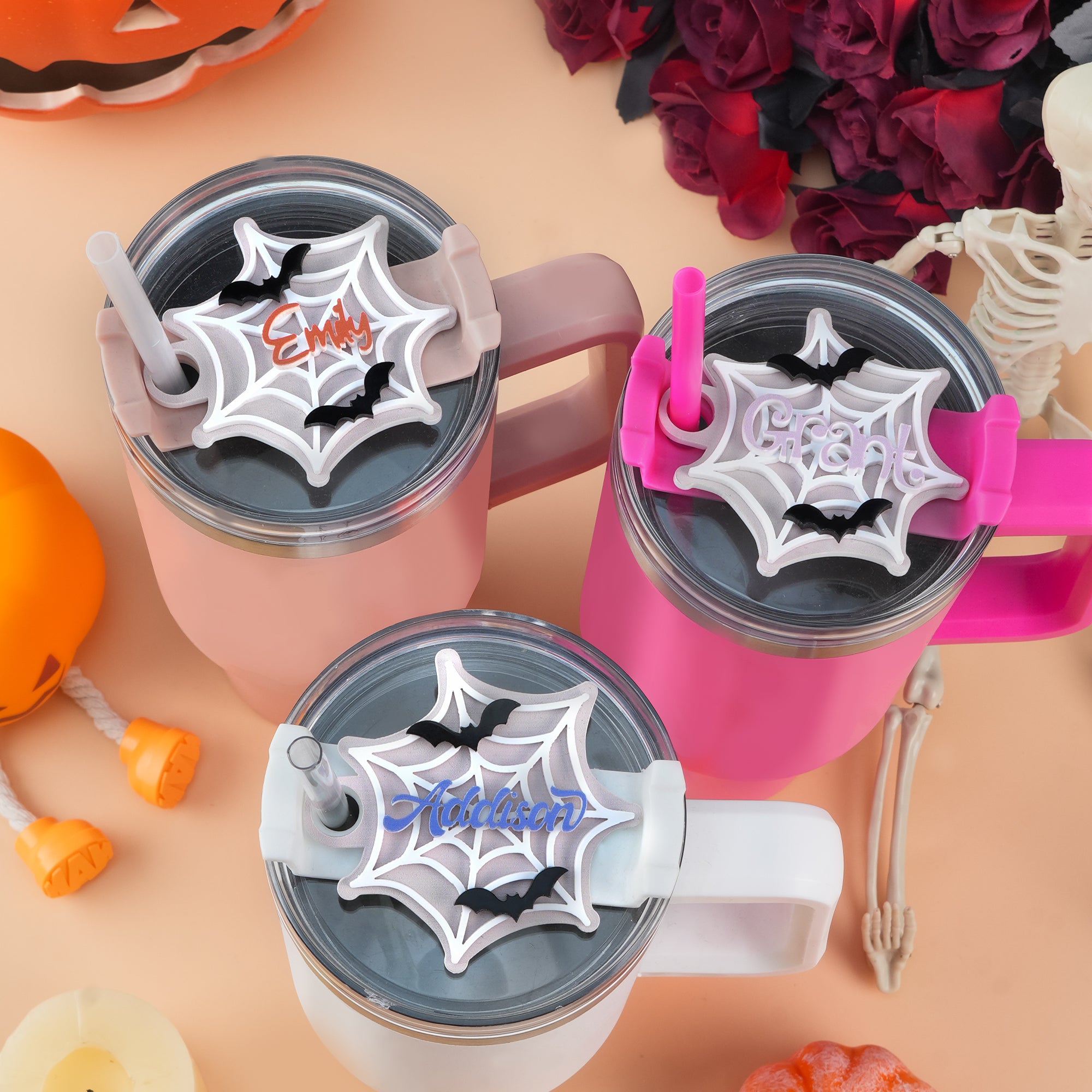 Spider Web Bat personalizado acrílico Tumbler etiqueta de la placa con el nombre de accesorios para la Copa Stanley de Halloween regalo para los amigos
