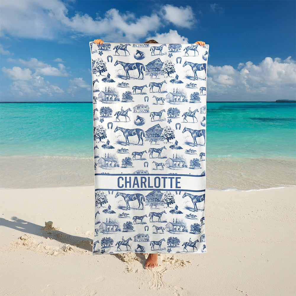 Toalla de playa de secado rápido, suave y personalizada con el tema de los caballos y texto Gimnasio Piscina Esenciales Regalo de cumpleaños para entusiastas de la hípica